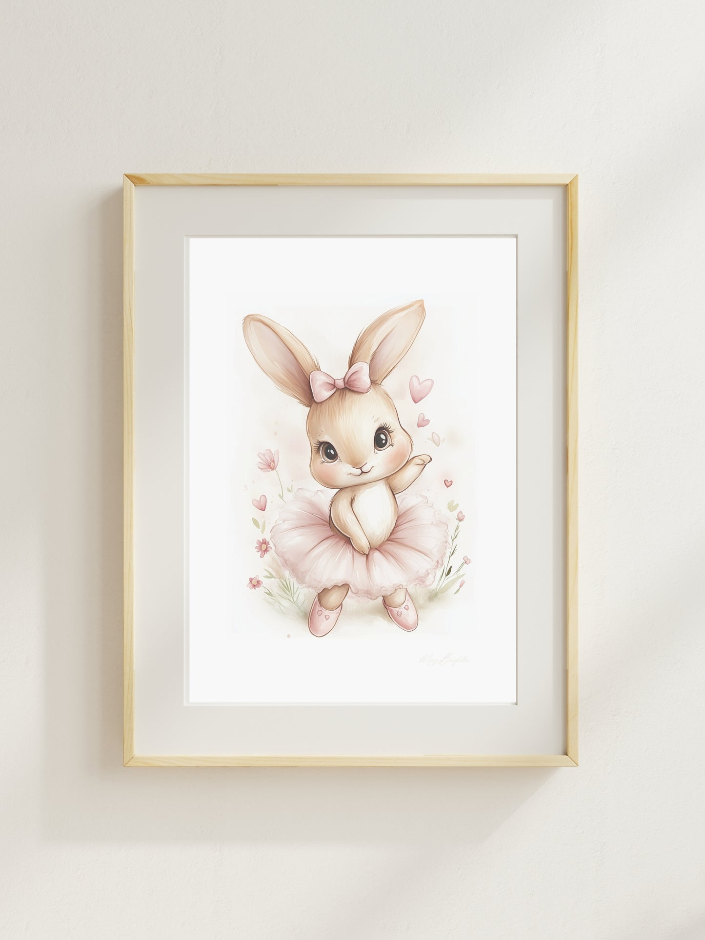 Watercolor bunny ballerina nursery wall art – adorable girl bunny named Sophie in a pink tutu with hearts and flowers, perfect for baby girl room decor or dance-themed nursery.