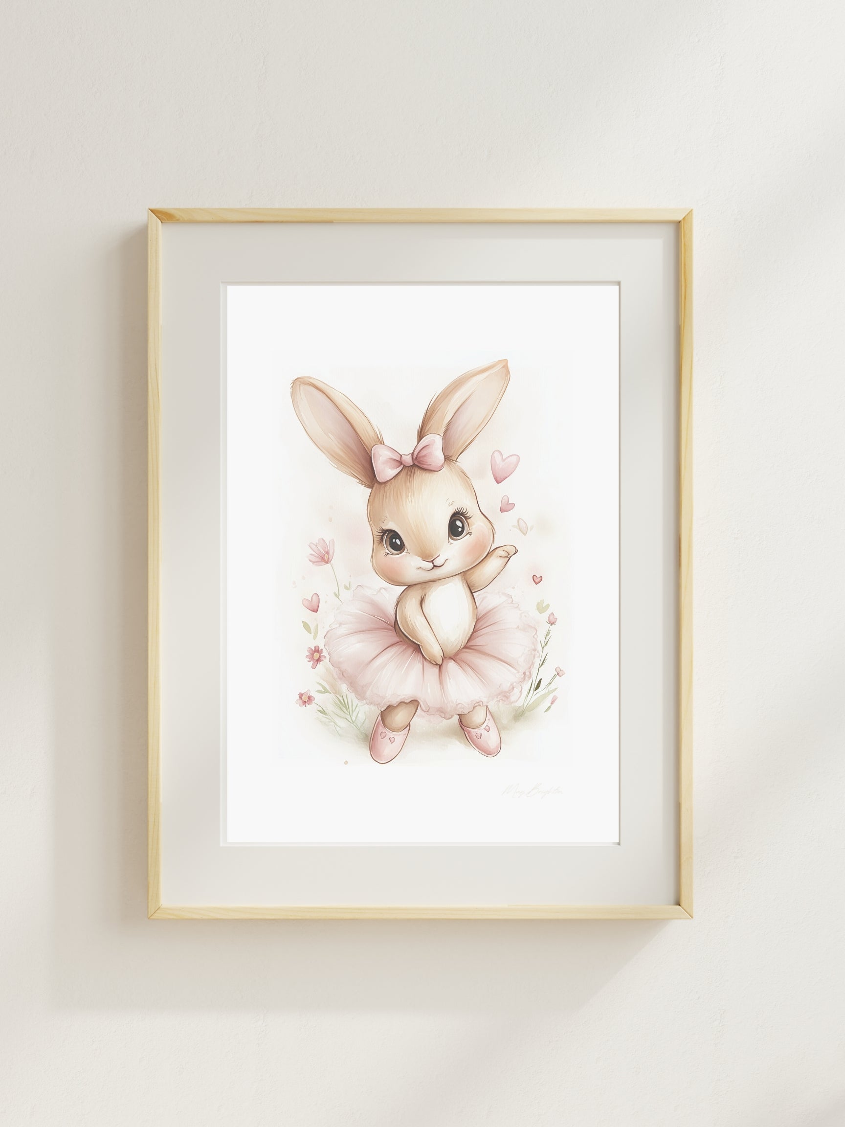 Watercolor bunny ballerina nursery wall art – adorable girl bunny named Sophie in a pink tutu with hearts and flowers, perfect for baby girl room decor or dance-themed nursery.