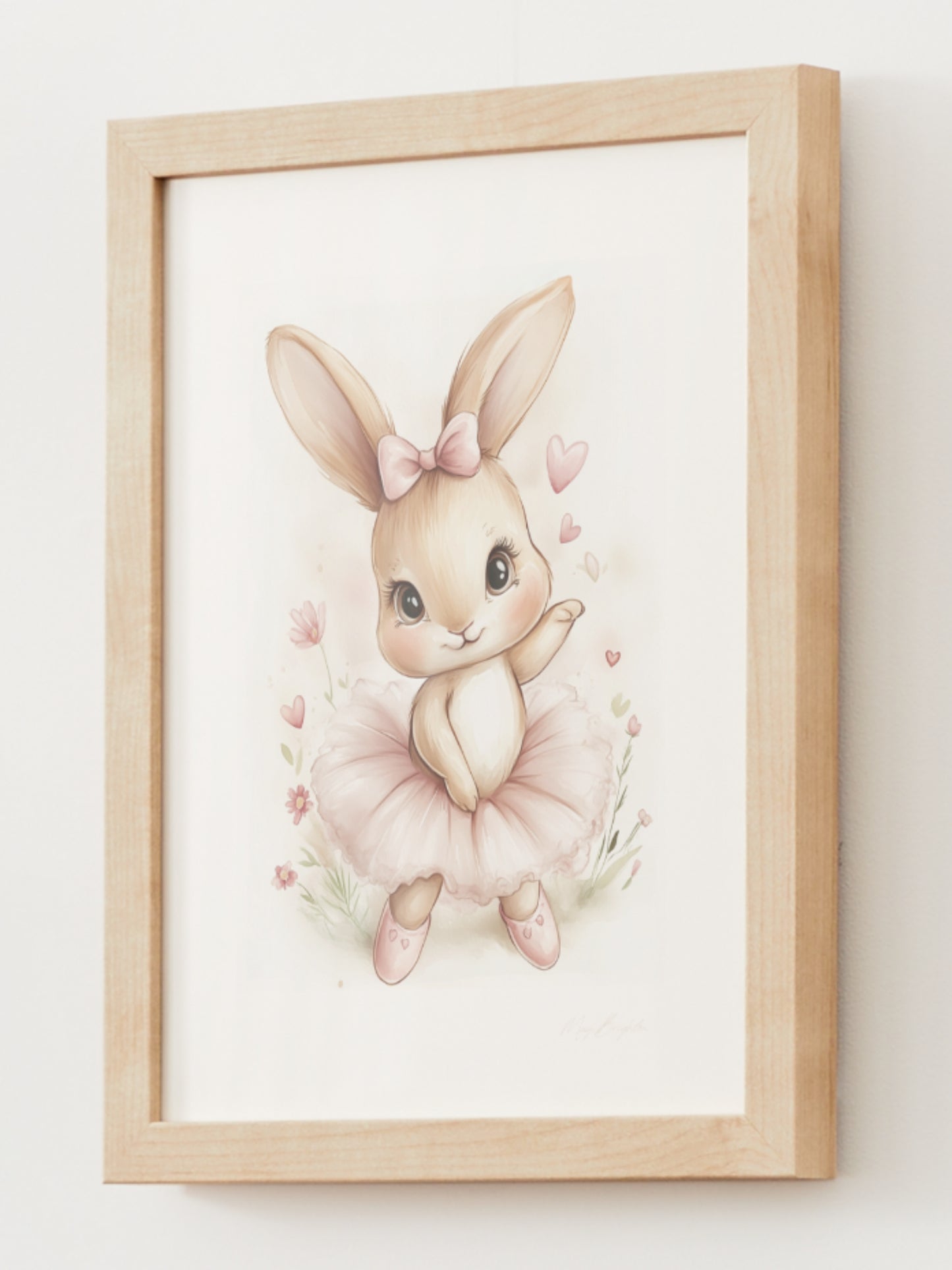 Watercolor bunny ballerina nursery wall art – adorable girl bunny named Sophie in a pink tutu with hearts and flowers, perfect for baby girl room decor or dance-themed nursery.