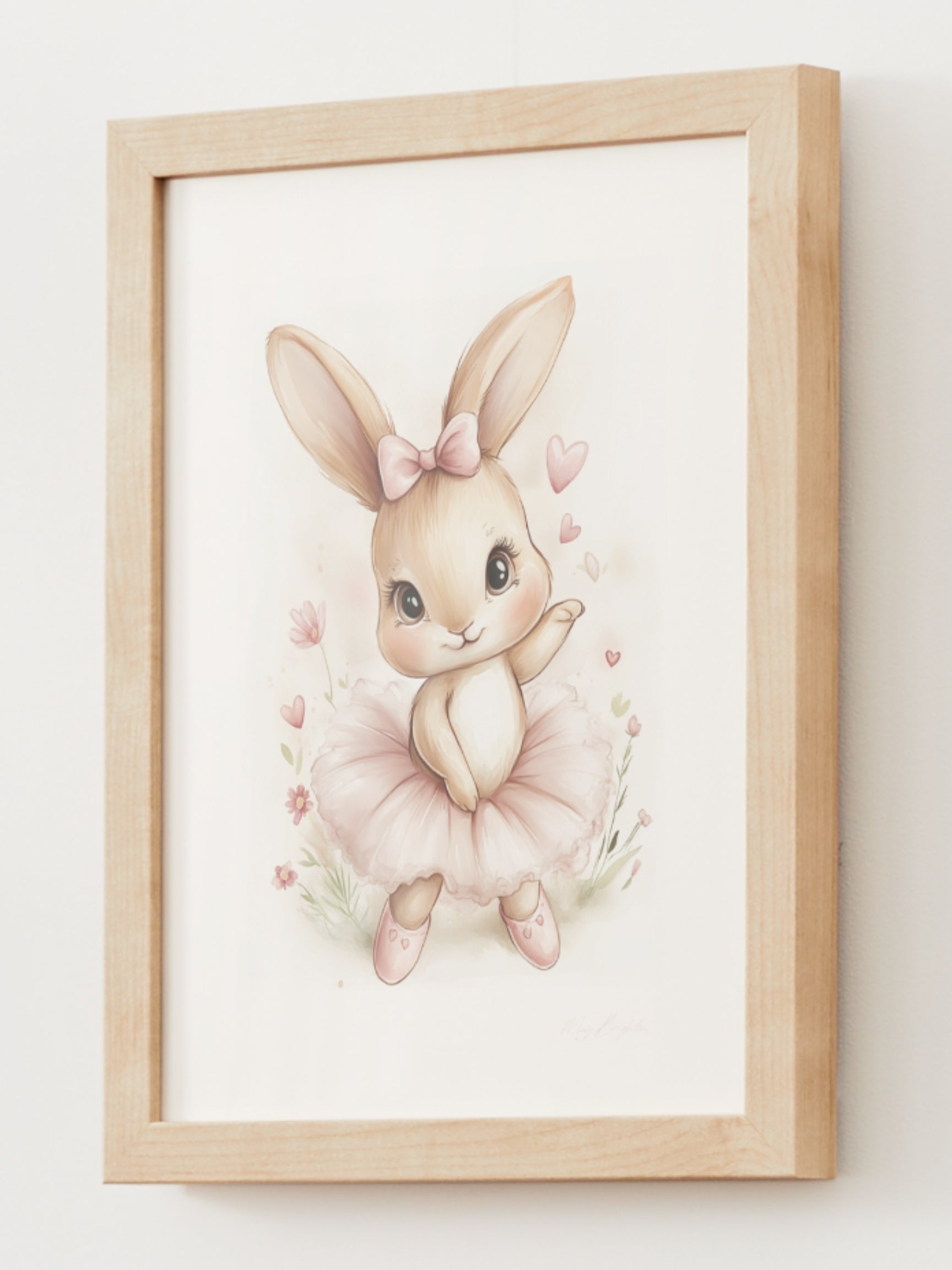 Watercolor bunny ballerina nursery wall art – adorable girl bunny named Sophie in a pink tutu with hearts and flowers, perfect for baby girl room decor or dance-themed nursery.
