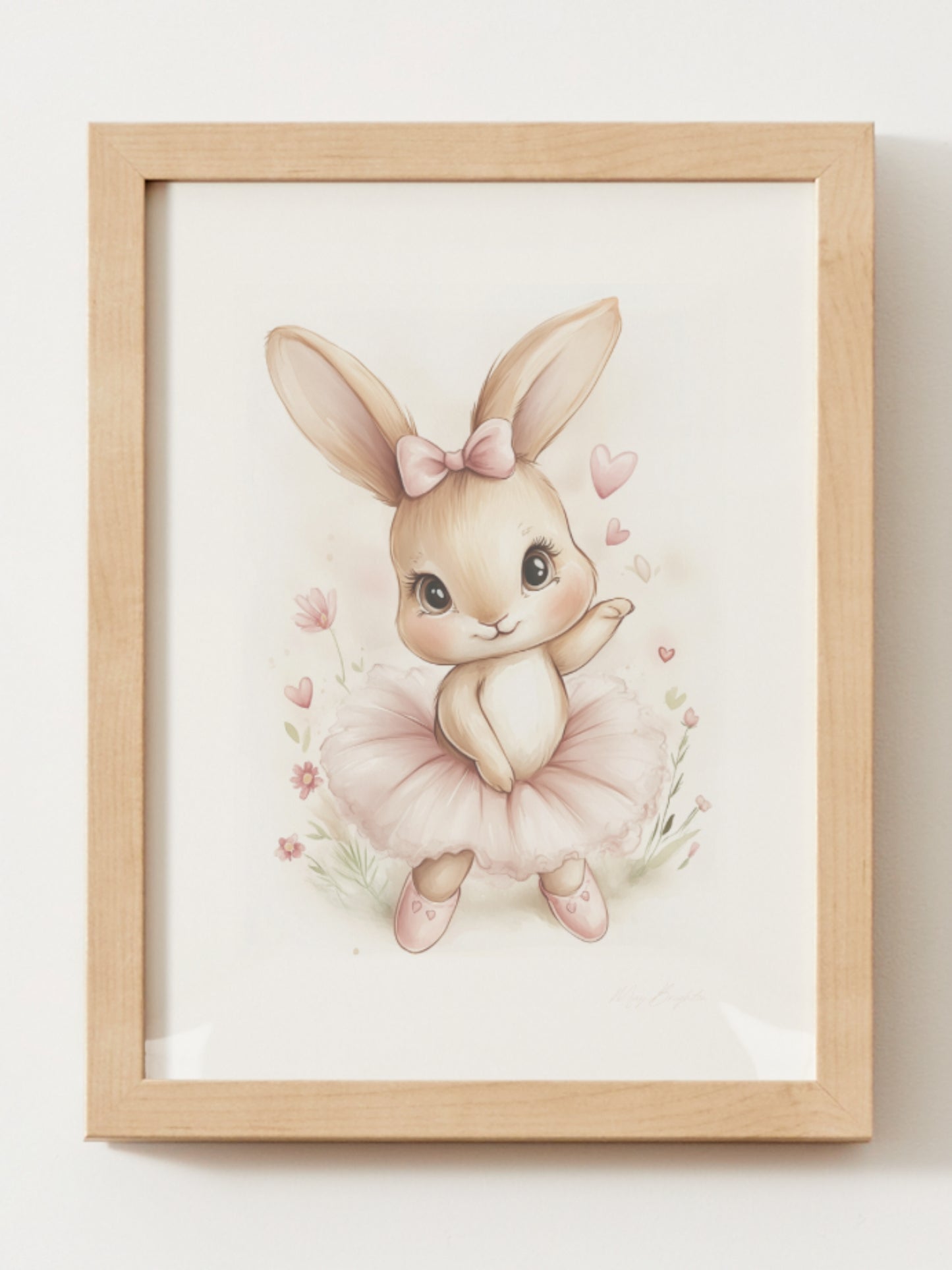 Watercolor bunny ballerina nursery wall art – adorable girl bunny named Sophie in a pink tutu with hearts and flowers, perfect for baby girl room decor or dance-themed nursery.