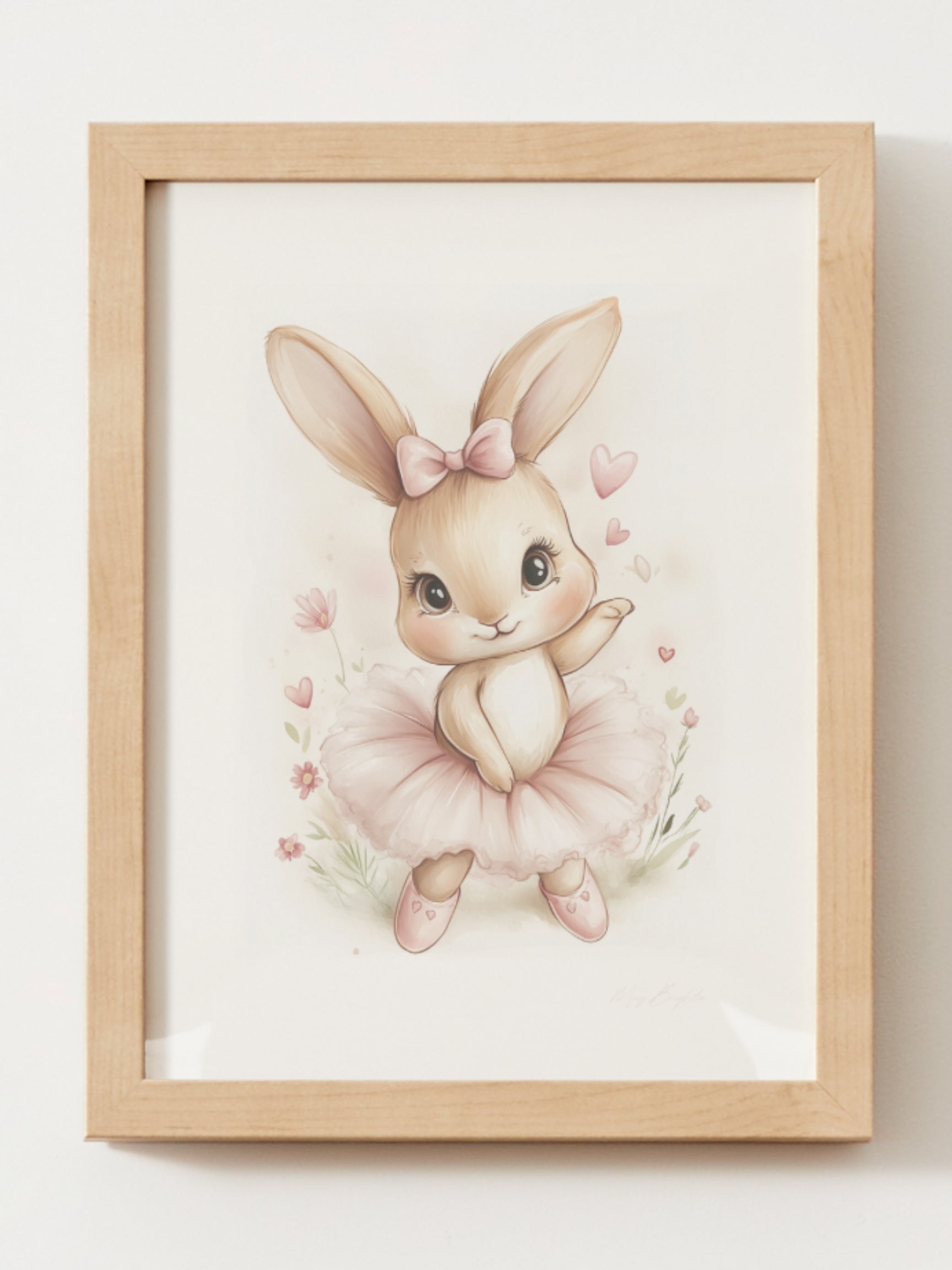Watercolor bunny ballerina nursery wall art – adorable girl bunny named Sophie in a pink tutu with hearts and flowers, perfect for baby girl room decor or dance-themed nursery.