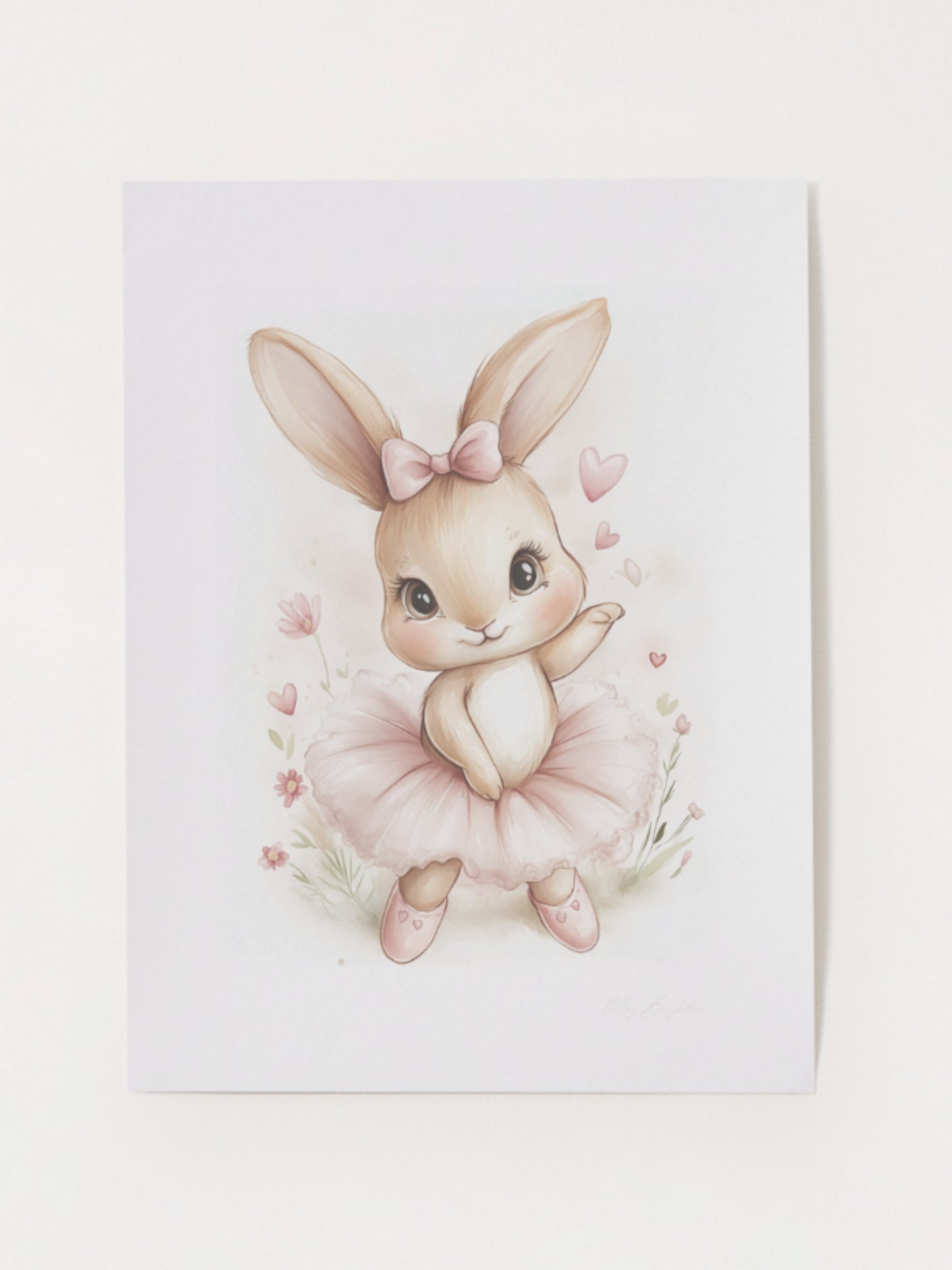 Watercolor bunny ballerina nursery wall art – adorable girl bunny named Sophie in a pink tutu with hearts and flowers, perfect for baby girl room decor or dance-themed nursery.