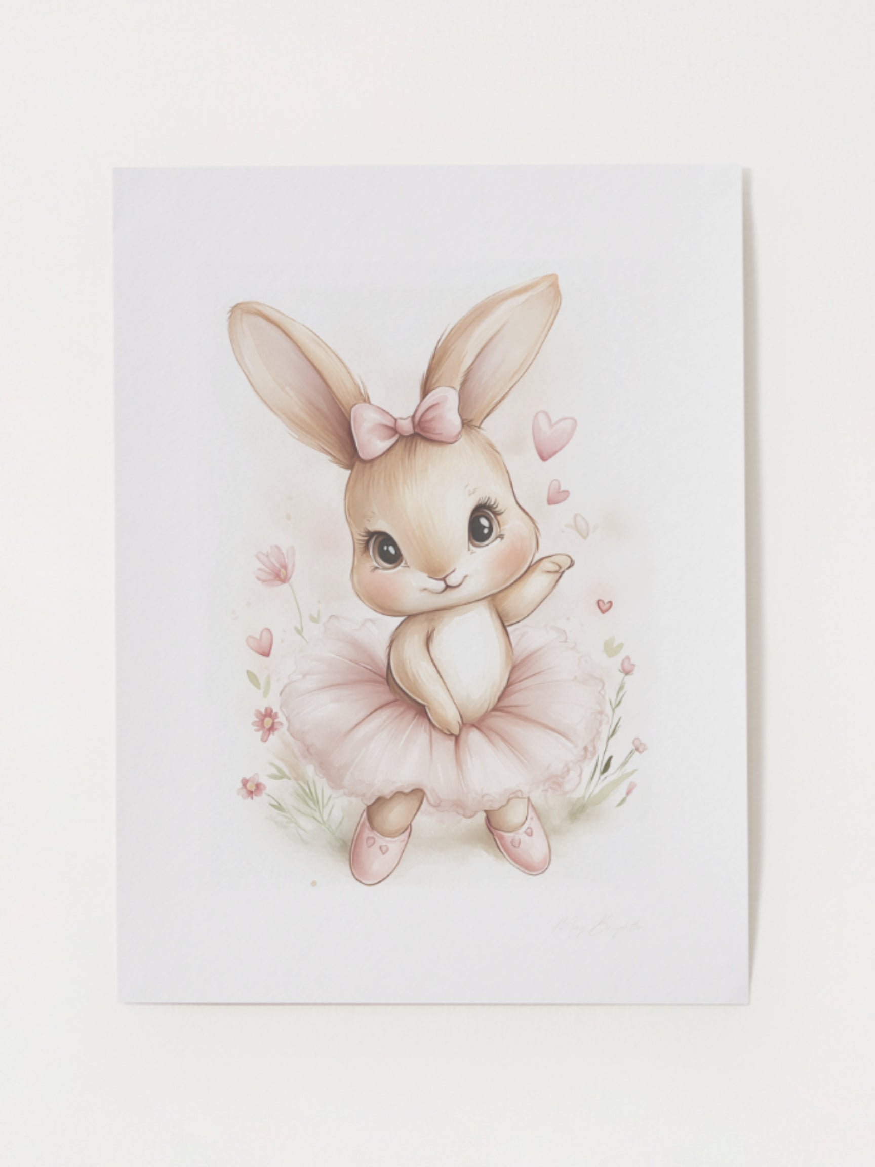 Watercolor bunny ballerina nursery wall art – adorable girl bunny named Sophie in a pink tutu with hearts and flowers, perfect for baby girl room decor or dance-themed nursery.