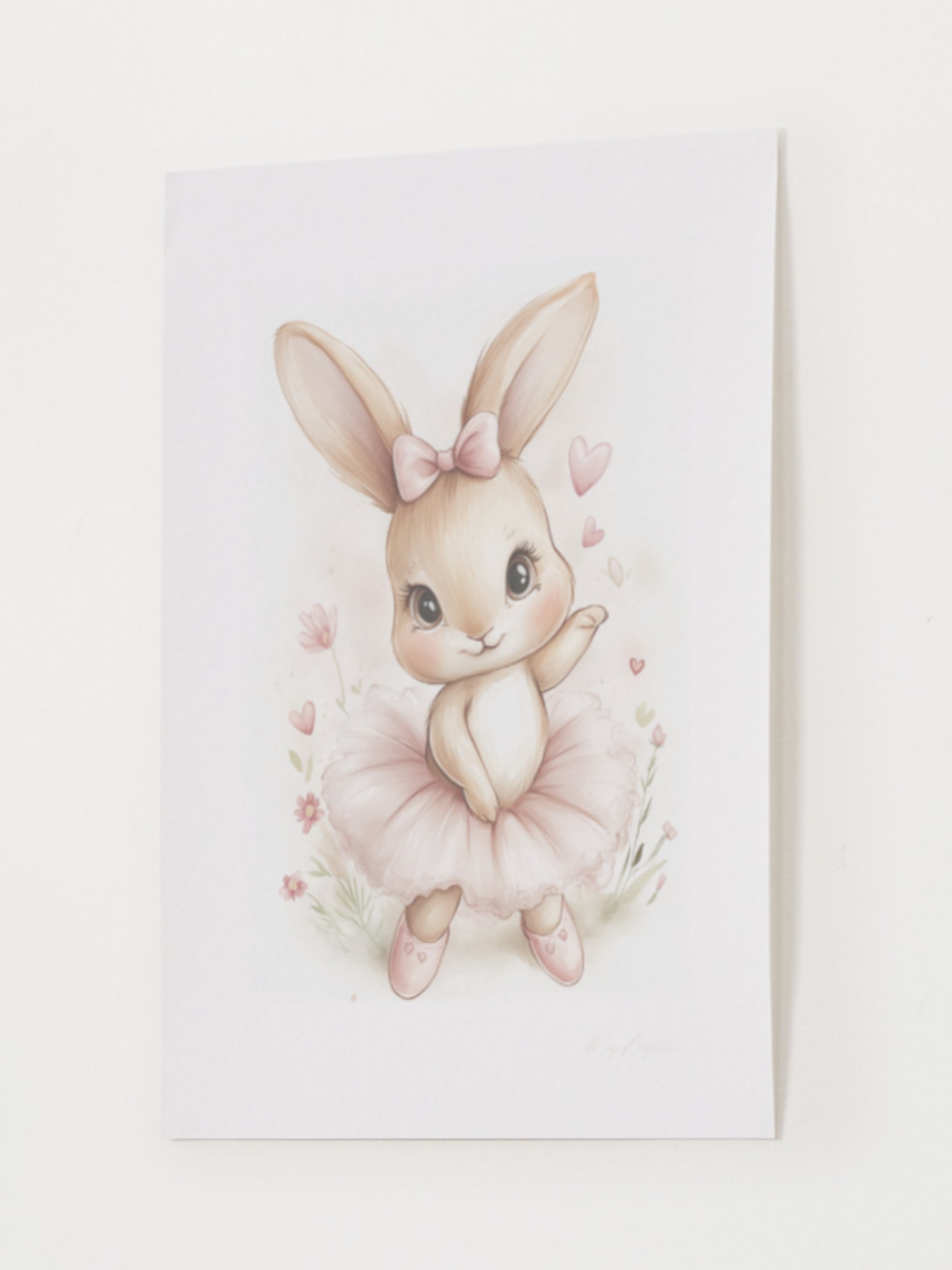 Watercolor bunny ballerina nursery wall art – adorable girl bunny named Sophie in a pink tutu with hearts and flowers, perfect for baby girl room decor or dance-themed nursery.