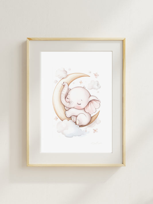 Watercolor baby elephant nursery print – sleeping elephant cuddled on a crescent moon with soft clouds and flowers, perfect wall art for baby room, gender-neutral nursery, or newborn gift.