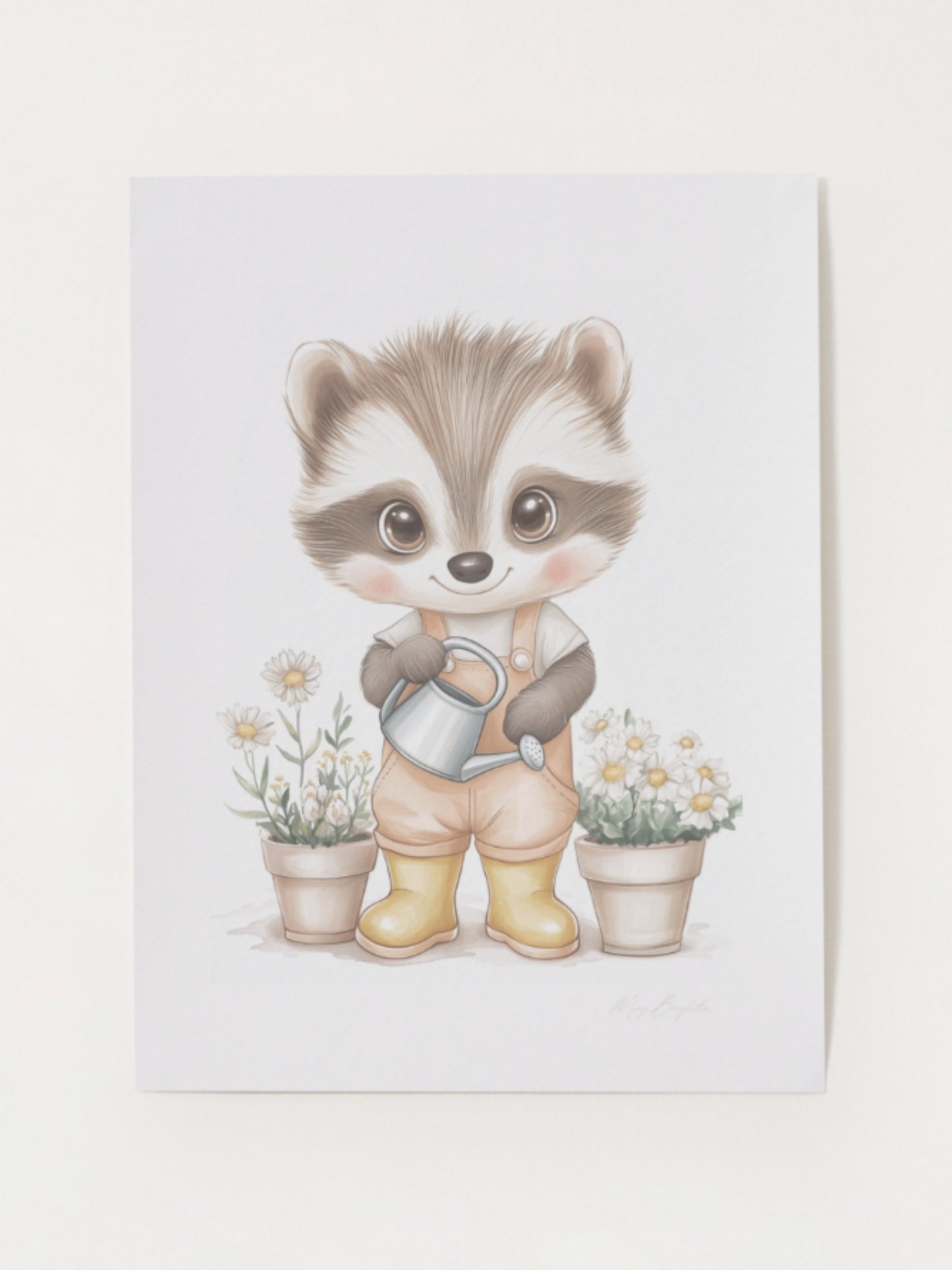 Watercolor-style nursery art print of Elliot, a gentle raccoon wearing yellow boots and holding a watering can. Surrounded by soft garden details. Part of The Littlest Collection by Little Snuggle Studio.