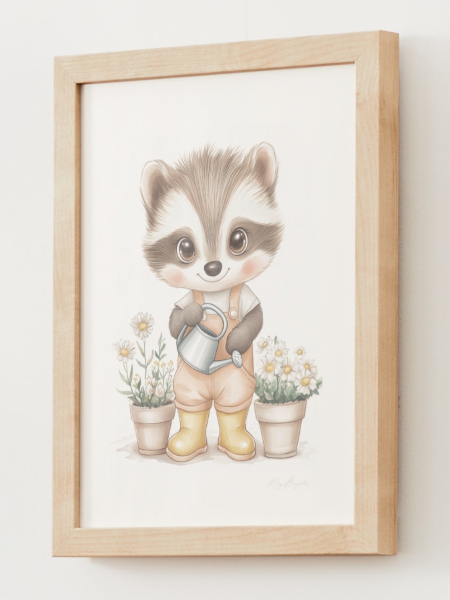 Watercolor-style nursery art print of Elliot, a gentle raccoon wearing yellow boots and holding a watering can. Surrounded by soft garden details. Part of The Littlest Collection by Little Snuggle Studio.