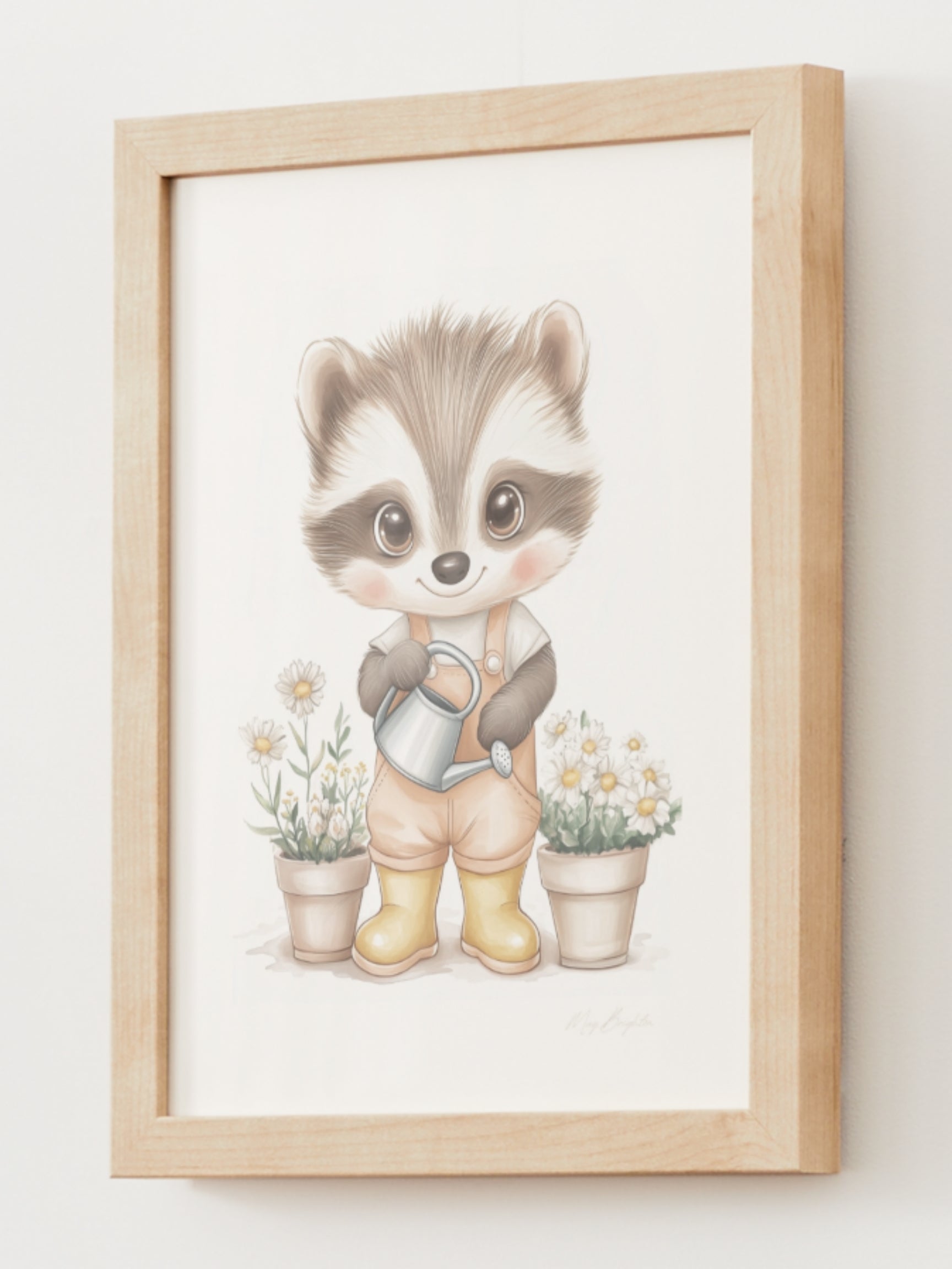 Watercolor-style nursery art print of Elliot, a gentle raccoon wearing yellow boots and holding a watering can. Surrounded by soft garden details. Part of The Littlest Collection by Little Snuggle Studio.