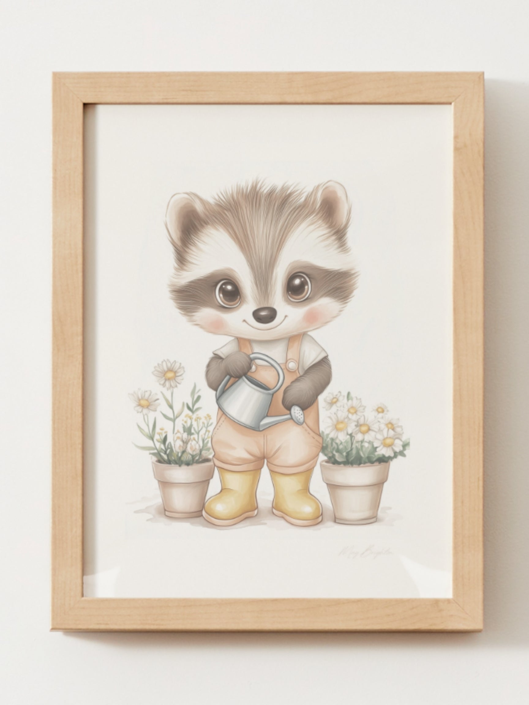 Watercolor-style nursery art print of Elliot, a gentle raccoon wearing yellow boots and holding a watering can. Surrounded by soft garden details. Part of The Littlest Collection by Little Snuggle Studio.