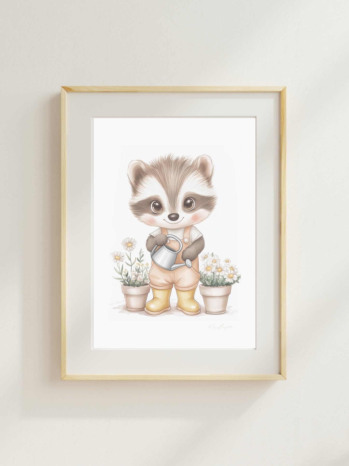 Watercolor-style nursery art print of Elliot, a gentle raccoon wearing yellow boots and holding a watering can. Surrounded by soft garden details. Part of The Littlest Collection by Little Snuggle Studio.