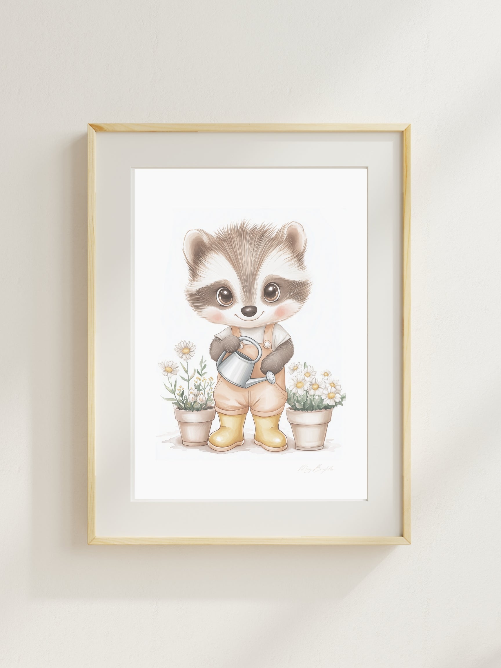 Watercolor-style nursery art print of Elliot, a gentle raccoon wearing yellow boots and holding a watering can. Surrounded by soft garden details. Part of The Littlest Collection by Little Snuggle Studio.