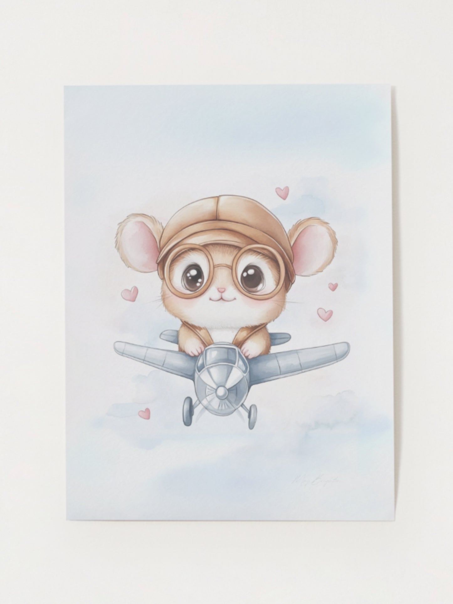 Watercolor nursery wall art featuring a baby hamster pilot flying a small airplane with heart balloons, part of The Littlest Collection by Little Snuggle Studio