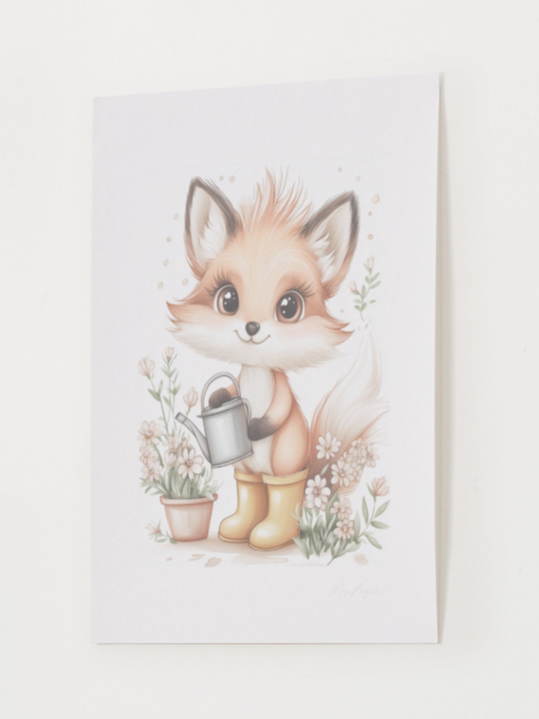 Watercolor-style nursery art print of Ivy, a gentle fox in yellow boots, holding flowers in a soft garden setting. Part of The Littlest Collection by Little Snuggle Studio – designed for baby girl rooms, toddler decor, and nature-inspired spaces