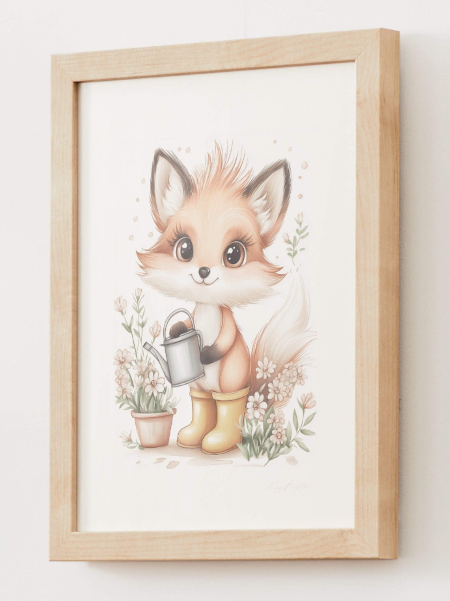 Watercolor-style nursery art print of Ivy, a gentle fox in yellow boots, holding flowers in a soft garden setting. Part of The Littlest Collection by Little Snuggle Studio – designed for baby girl rooms, toddler decor, and nature-inspired spaces