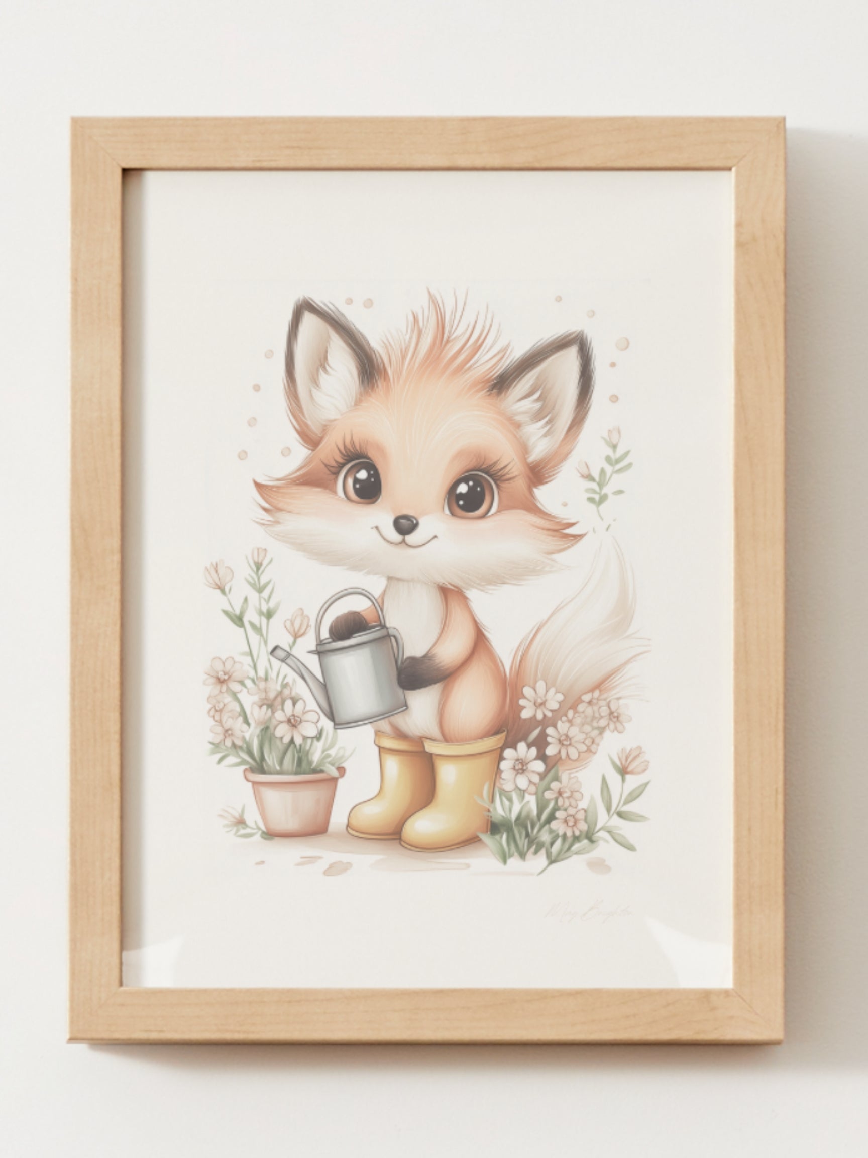 Watercolor-style nursery art print of Ivy, a gentle fox in yellow boots, holding flowers in a soft garden setting. Part of The Littlest Collection by Little Snuggle Studio – designed for baby girl rooms, toddler decor, and nature-inspired spaces