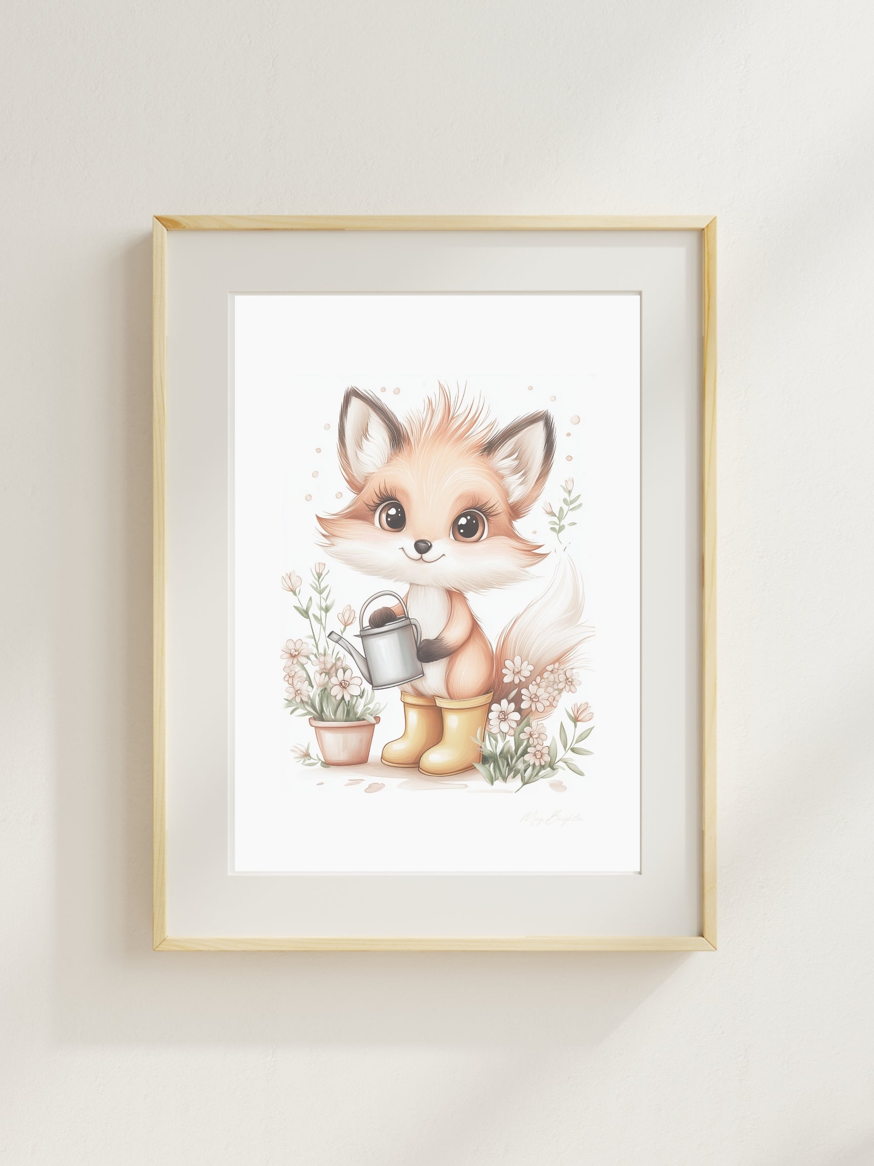 Watercolor-style nursery art print of Ivy, a gentle fox in yellow boots, holding flowers in a soft garden setting. Part of The Littlest Collection by Little Snuggle Studio – designed for baby girl rooms, toddler decor, and nature-inspired spaces