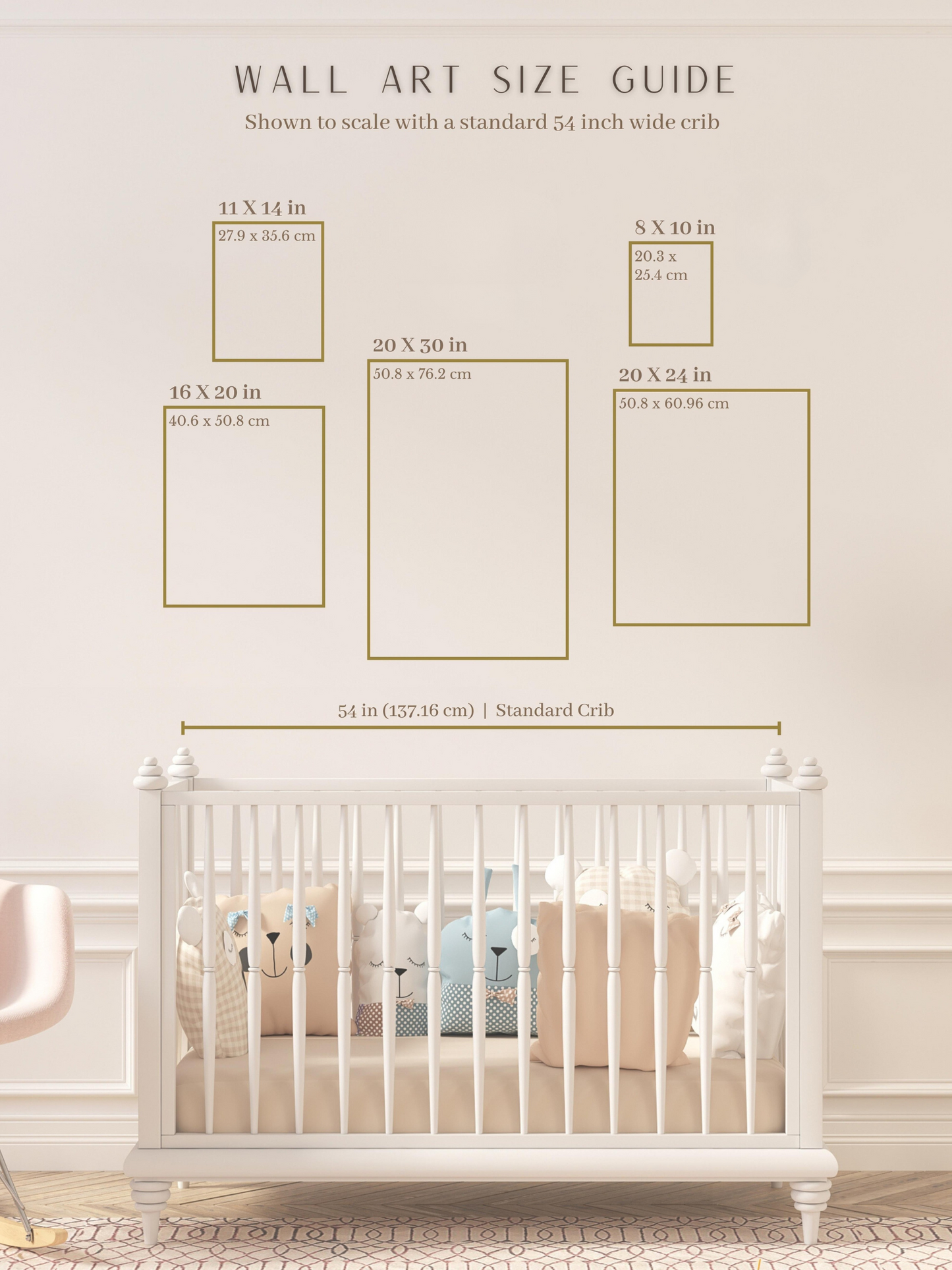 Wall art size guide for nursery prints, showing five standard frame sizes (8x10, 11x14, 16x20, 20x24, 20x30 inches) displayed to scale above a 54-inch crib. Helpful visual for choosing nursery wall art size.