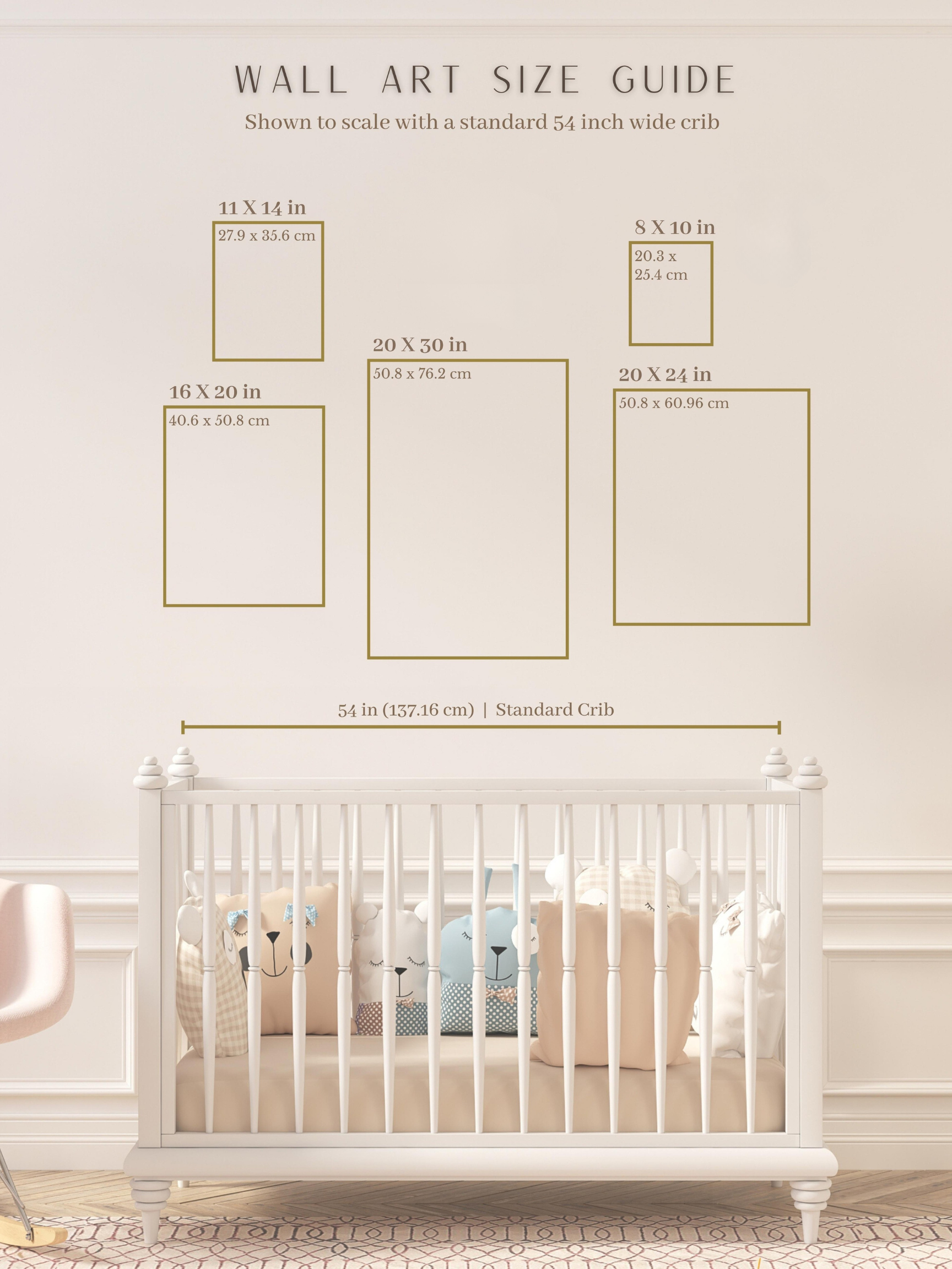 Wall art size guide for nursery prints, showing five standard frame sizes (8x10, 11x14, 16x20, 20x24, 20x30 inches) displayed to scale above a 54-inch crib. Helpful visual for choosing nursery wall art size.