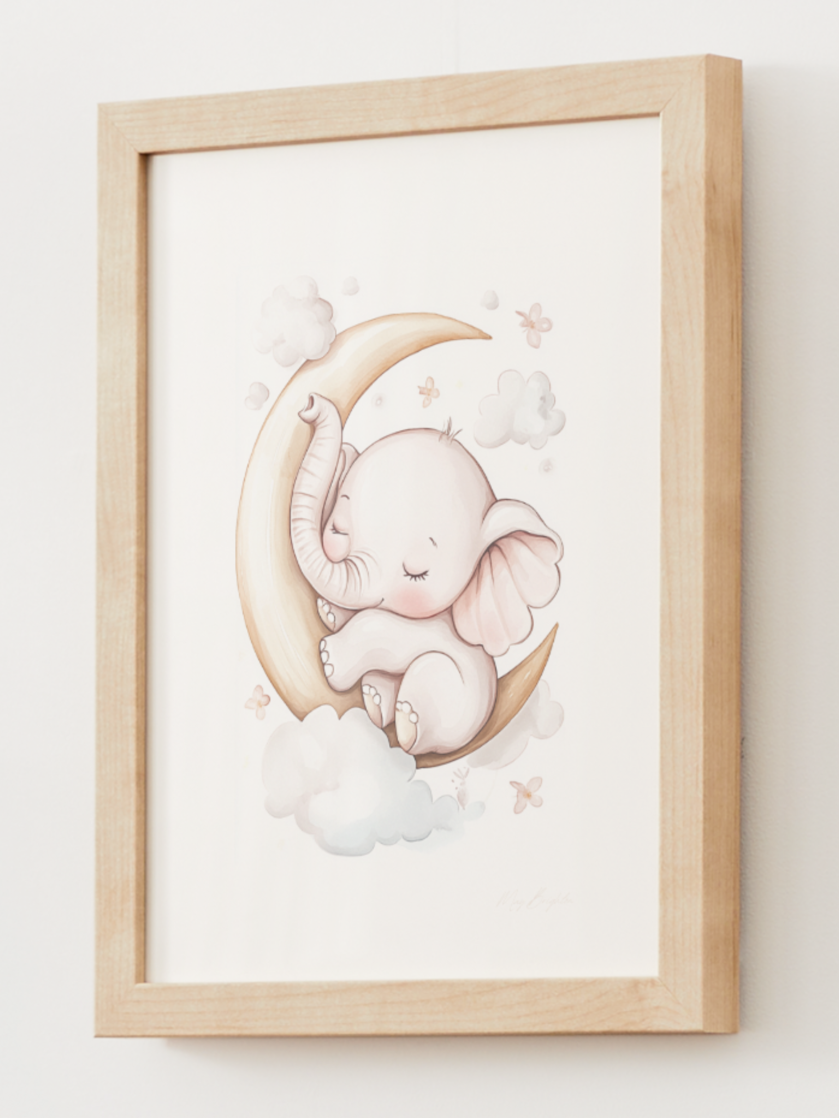 Watercolor baby elephant nursery print – sleeping elephant cuddled on a crescent moon with soft clouds and flowers, perfect wall art for baby room, gender-neutral nursery, or newborn gift.