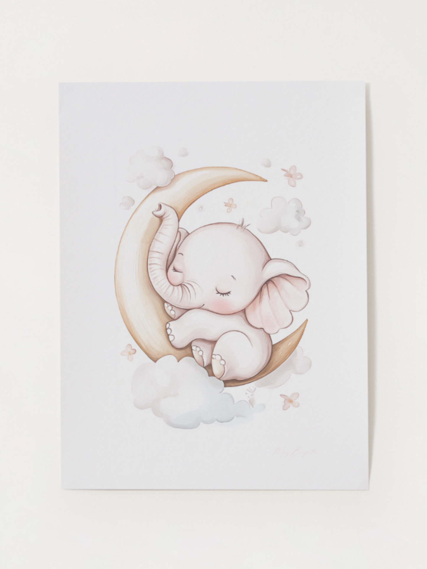 Watercolor baby elephant nursery print – sleeping elephant cuddled on a crescent moon with soft clouds and flowers, perfect wall art for baby room, gender-neutral nursery, or newborn gift.