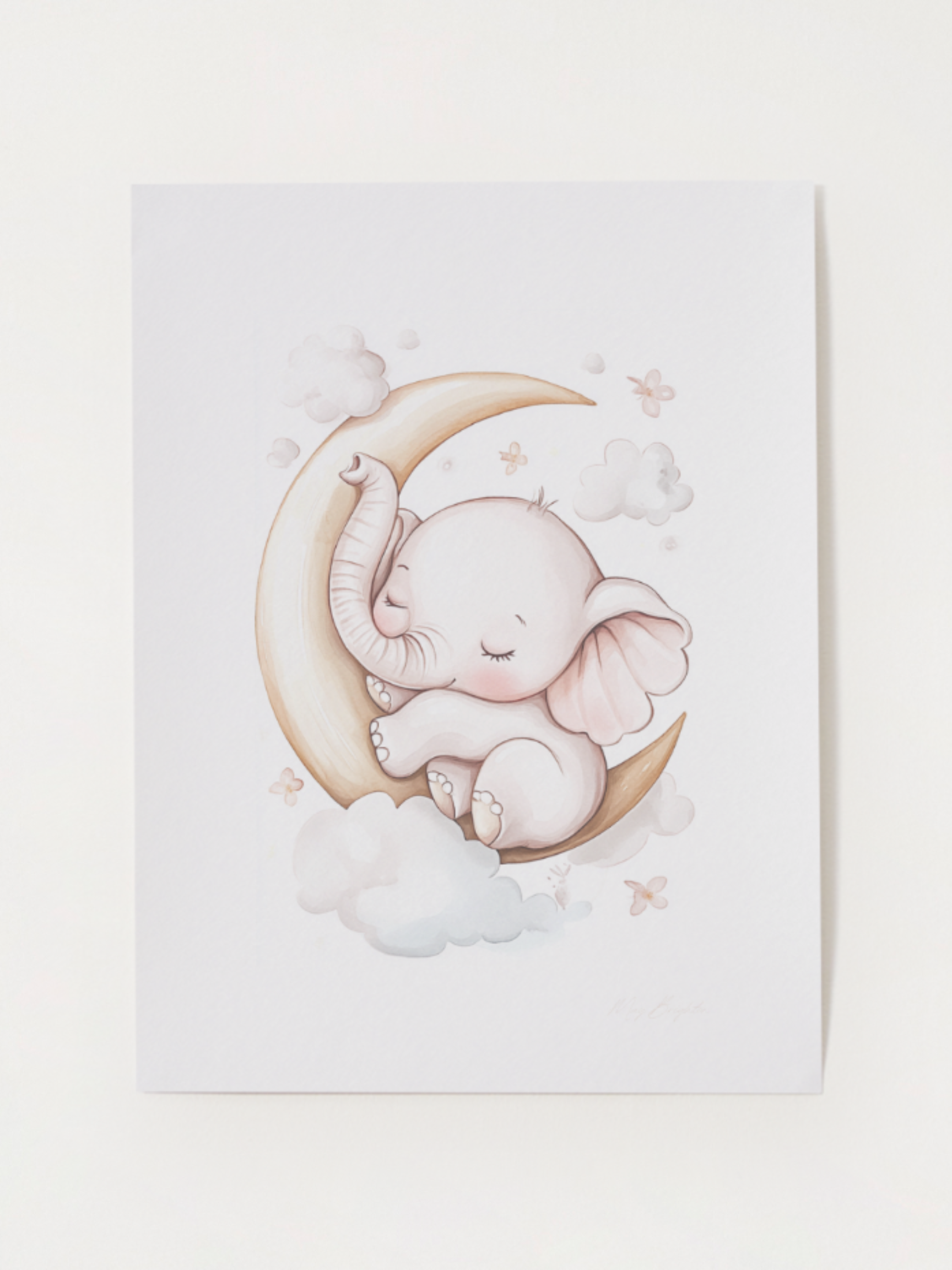 Watercolor baby elephant nursery print – sleeping elephant cuddled on a crescent moon with soft clouds and flowers, perfect wall art for baby room, gender-neutral nursery, or newborn gift.