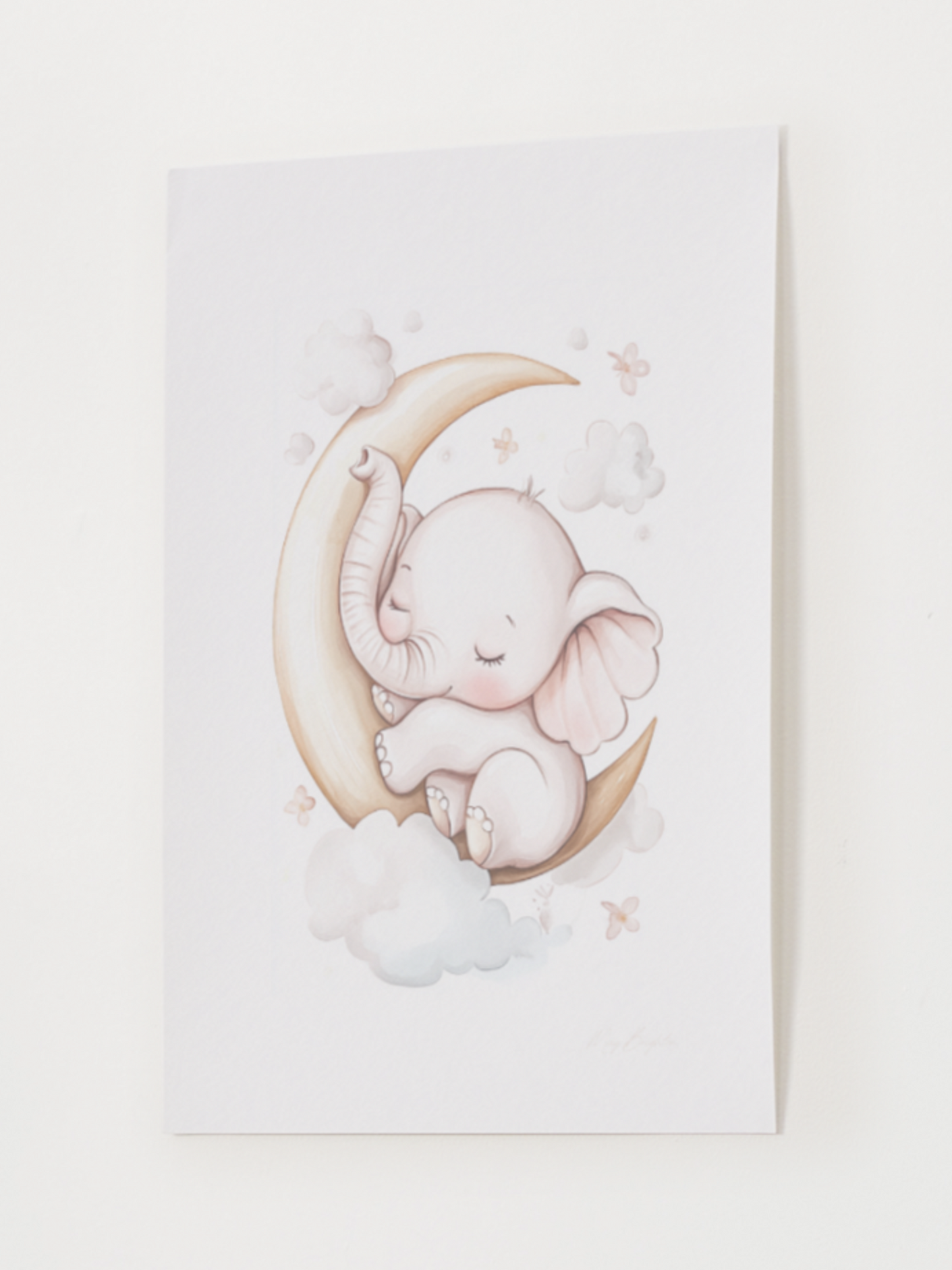 Watercolor baby elephant nursery print – sleeping elephant cuddled on a crescent moon with soft clouds and flowers, perfect wall art for baby room, gender-neutral nursery, or newborn gift.