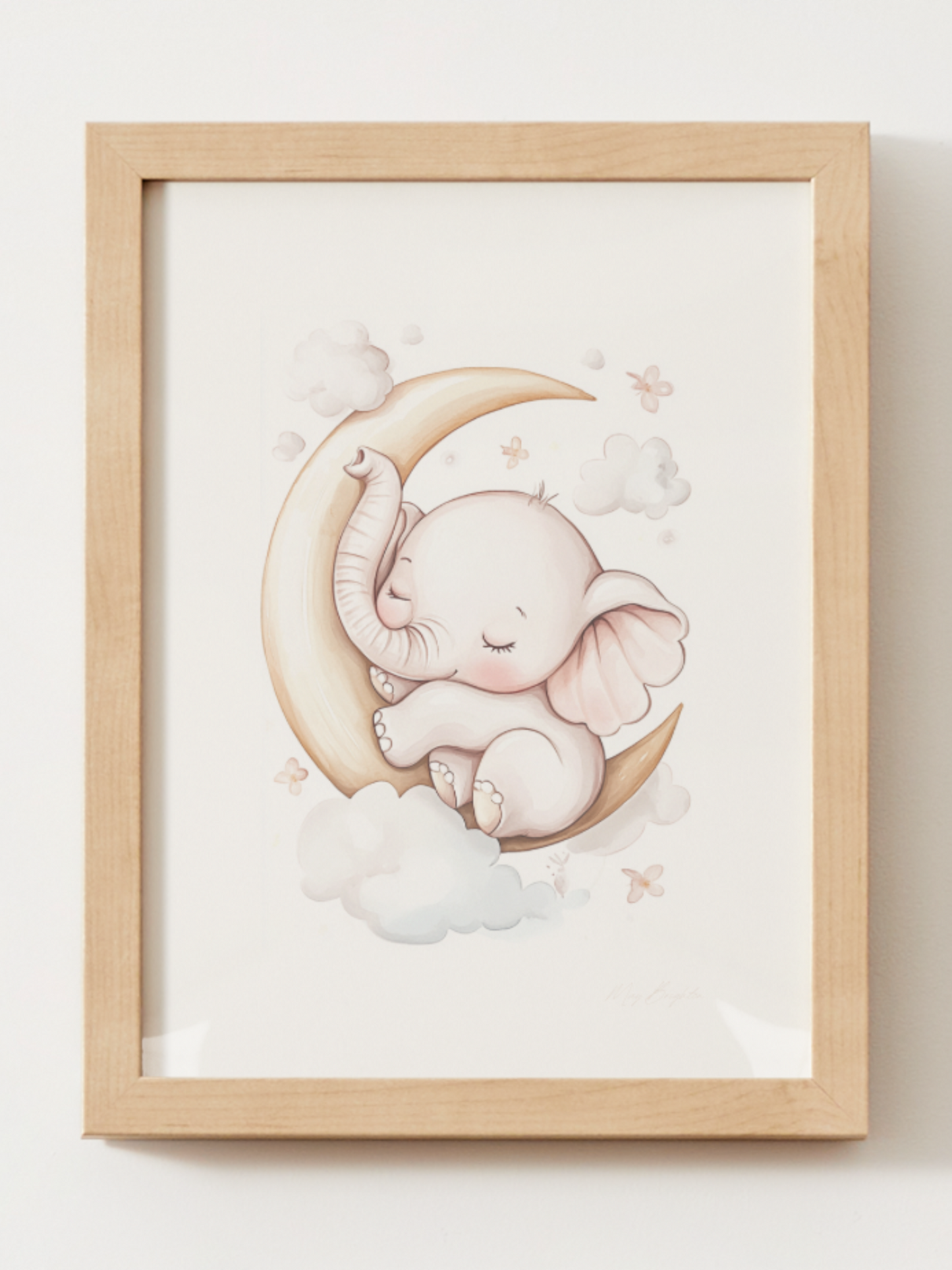 Watercolor baby elephant nursery print – sleeping elephant cuddled on a crescent moon with soft clouds and flowers, perfect wall art for baby room, gender-neutral nursery, or newborn gift.