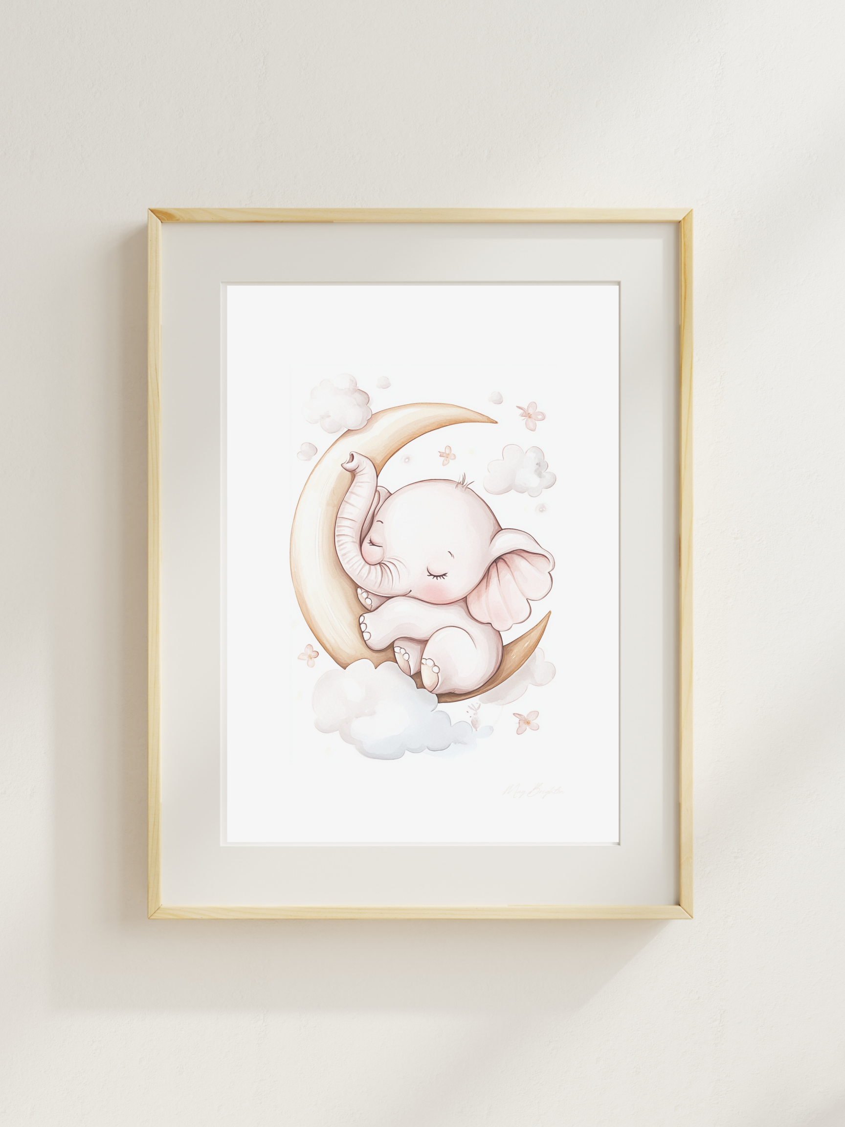Watercolor baby elephant nursery print – sleeping elephant cuddled on a crescent moon with soft clouds and flowers, perfect wall art for baby room, gender-neutral nursery, or newborn gift.