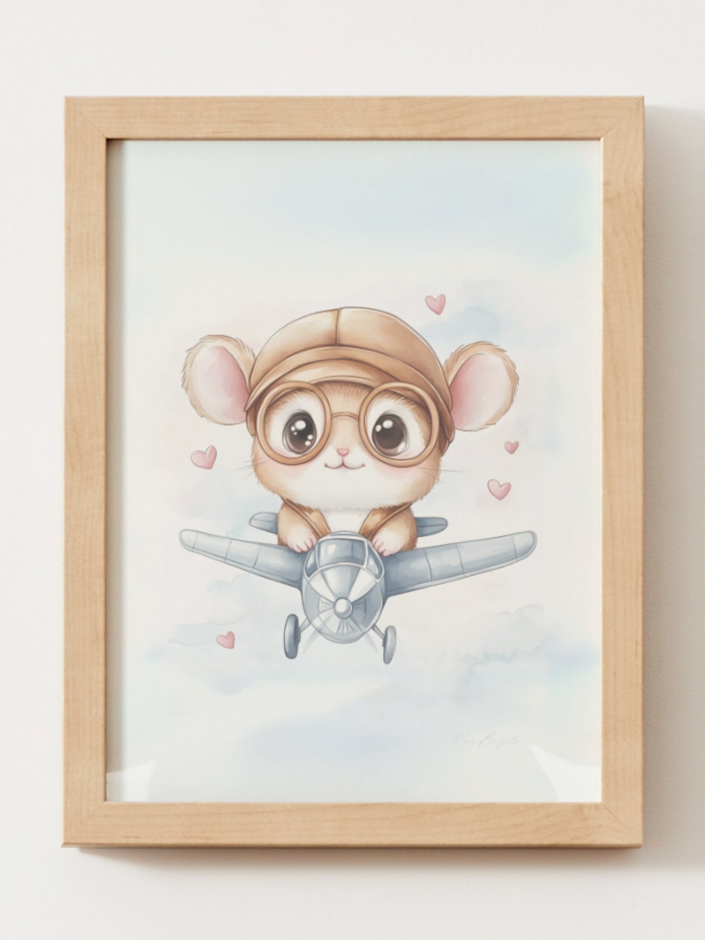 Nursery wall art featuring Jack the Littlest Pilot, a watercolor-style mouse wearing aviator goggles and flying a toy airplane through pastel clouds. Part of The Littlest Collection by Little Snuggle Studio. Ideal for baby boy rooms, toddler decor, and travel-themed nurseries.