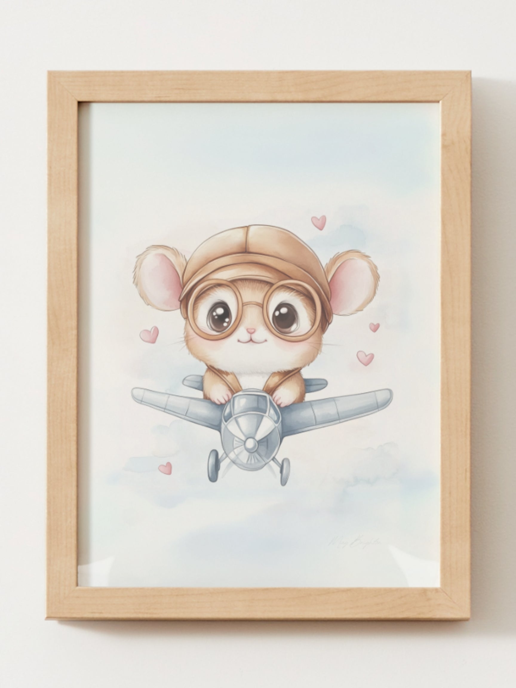 Nursery wall art featuring Jack the Littlest Pilot, a watercolor-style mouse wearing aviator goggles and flying a toy airplane through pastel clouds. Part of The Littlest Collection by Little Snuggle Studio. Ideal for baby boy rooms, toddler decor, and travel-themed nurseries.
