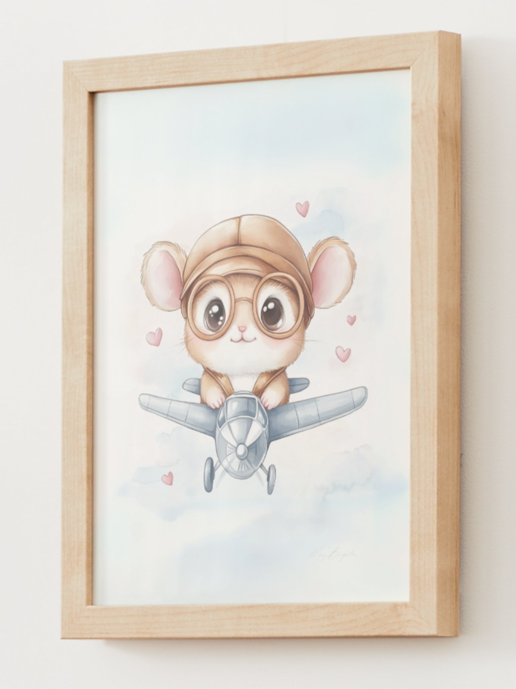 Nursery wall art featuring Jack the Littlest Pilot, a watercolor-style mouse wearing aviator goggles and flying a toy airplane through pastel clouds. Part of The Littlest Collection by Little Snuggle Studio. Ideal for baby boy rooms, toddler decor, and travel-themed nurseries.