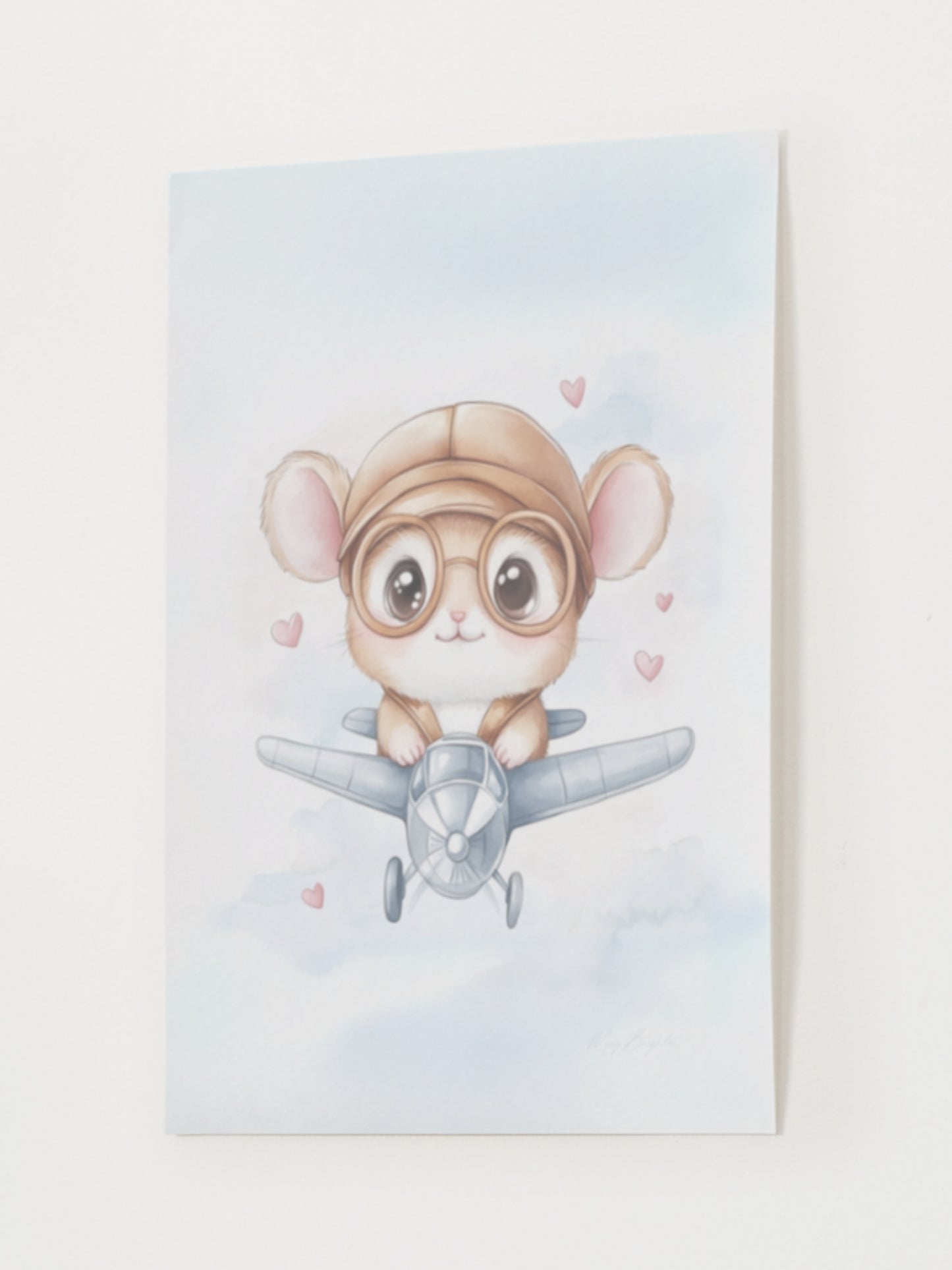 Watercolor nursery wall art featuring a baby hamster pilot flying a small airplane with heart balloons, part of The Littlest Collection by Little Snuggle Studio