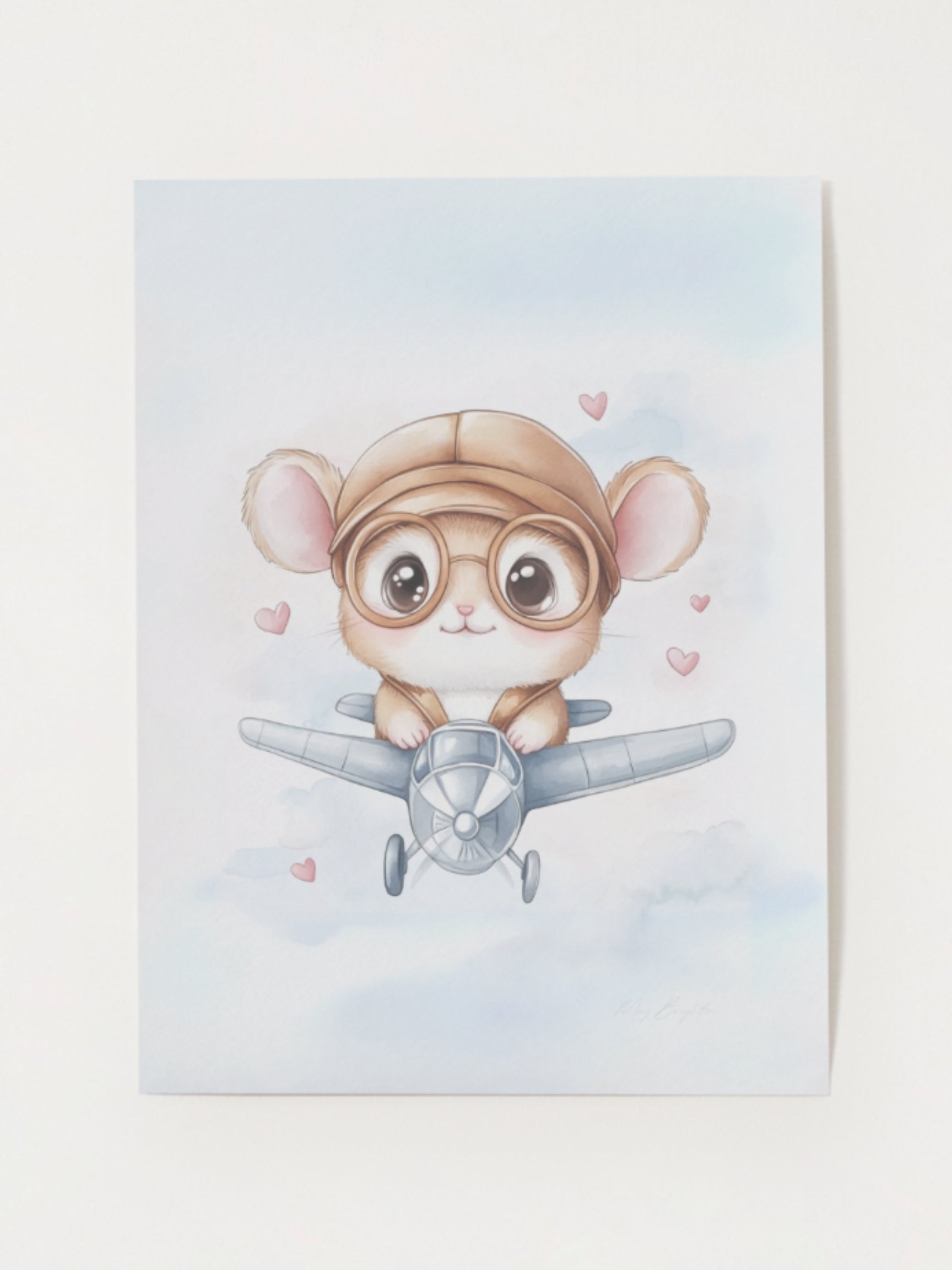 Watercolor nursery wall art featuring a baby hamster pilot flying a small airplane with heart balloons, part of The Littlest Collection by Little Snuggle Studio