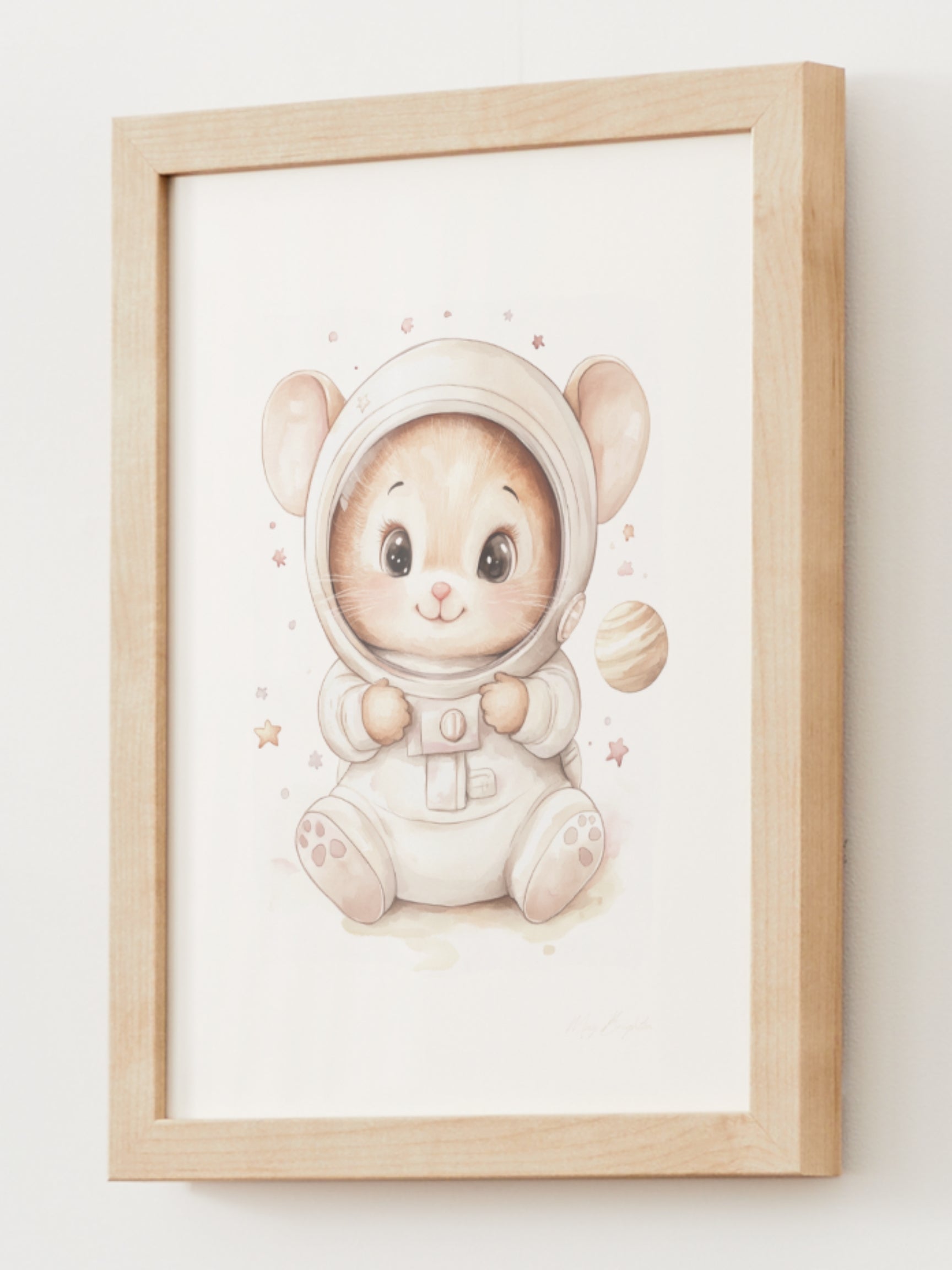 Watercolor-style nursery art print of Leo, a baby mouse dressed as an astronaut, sitting in a space helmet with planets around him. Part of The Littlest Collection by Little Snuggle Studio.