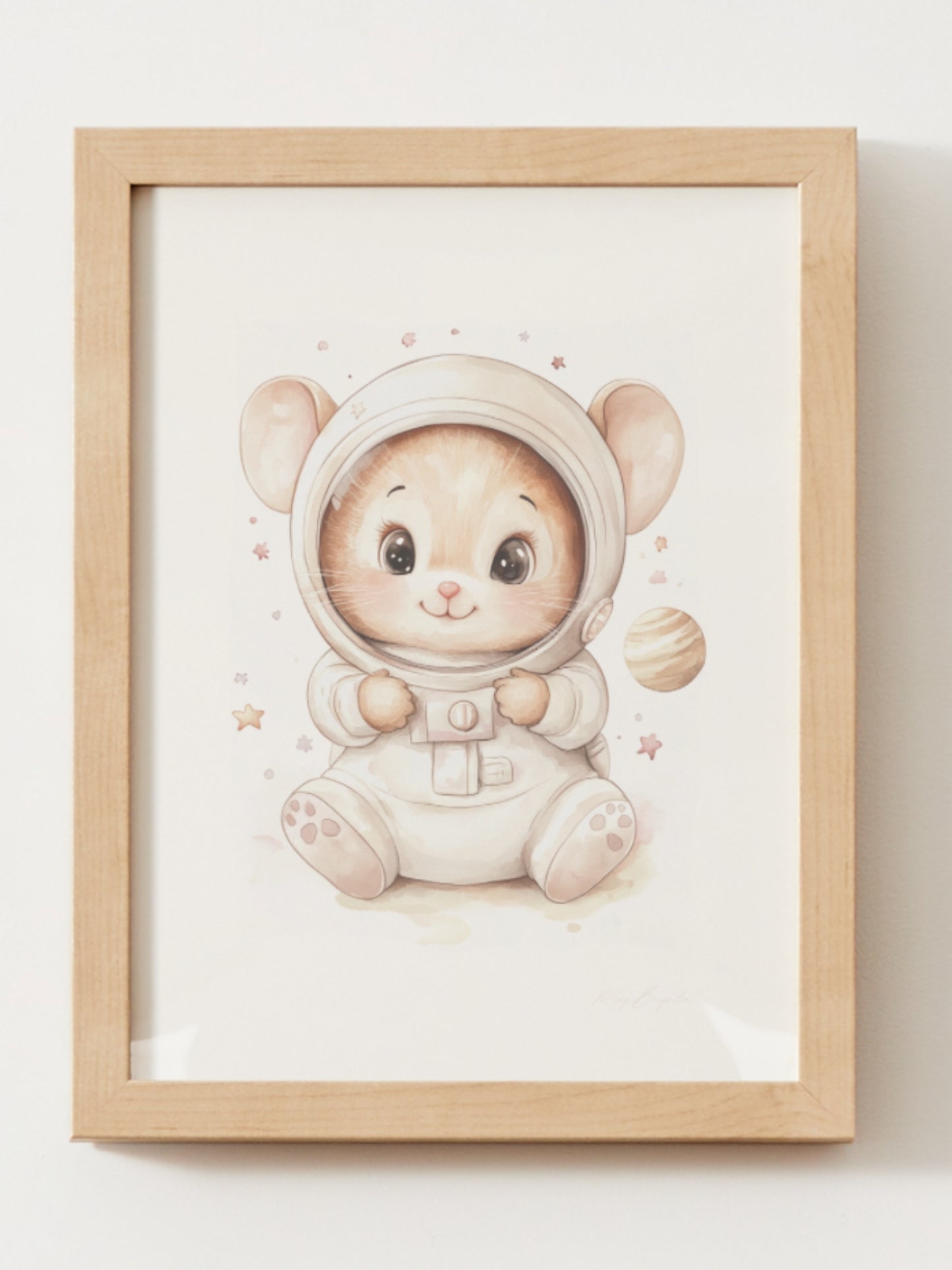 Watercolor-style nursery art print of Leo, a baby mouse dressed as an astronaut, sitting in a space helmet with planets around him. Part of The Littlest Collection by Little Snuggle Studio.