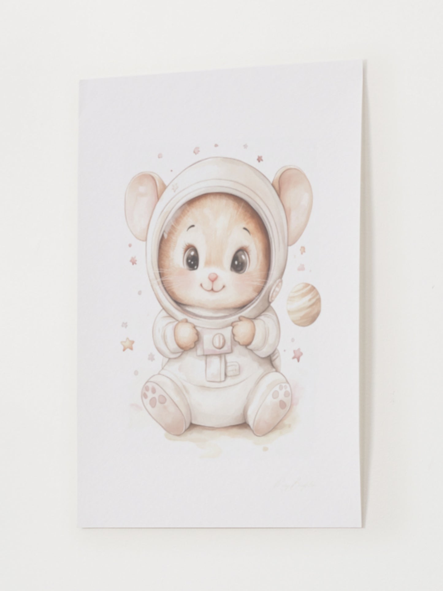Watercolor-style nursery art print of Leo, a baby mouse dressed as an astronaut, sitting in a space helmet with planets around him. Part of The Littlest Collection by Little Snuggle Studio.