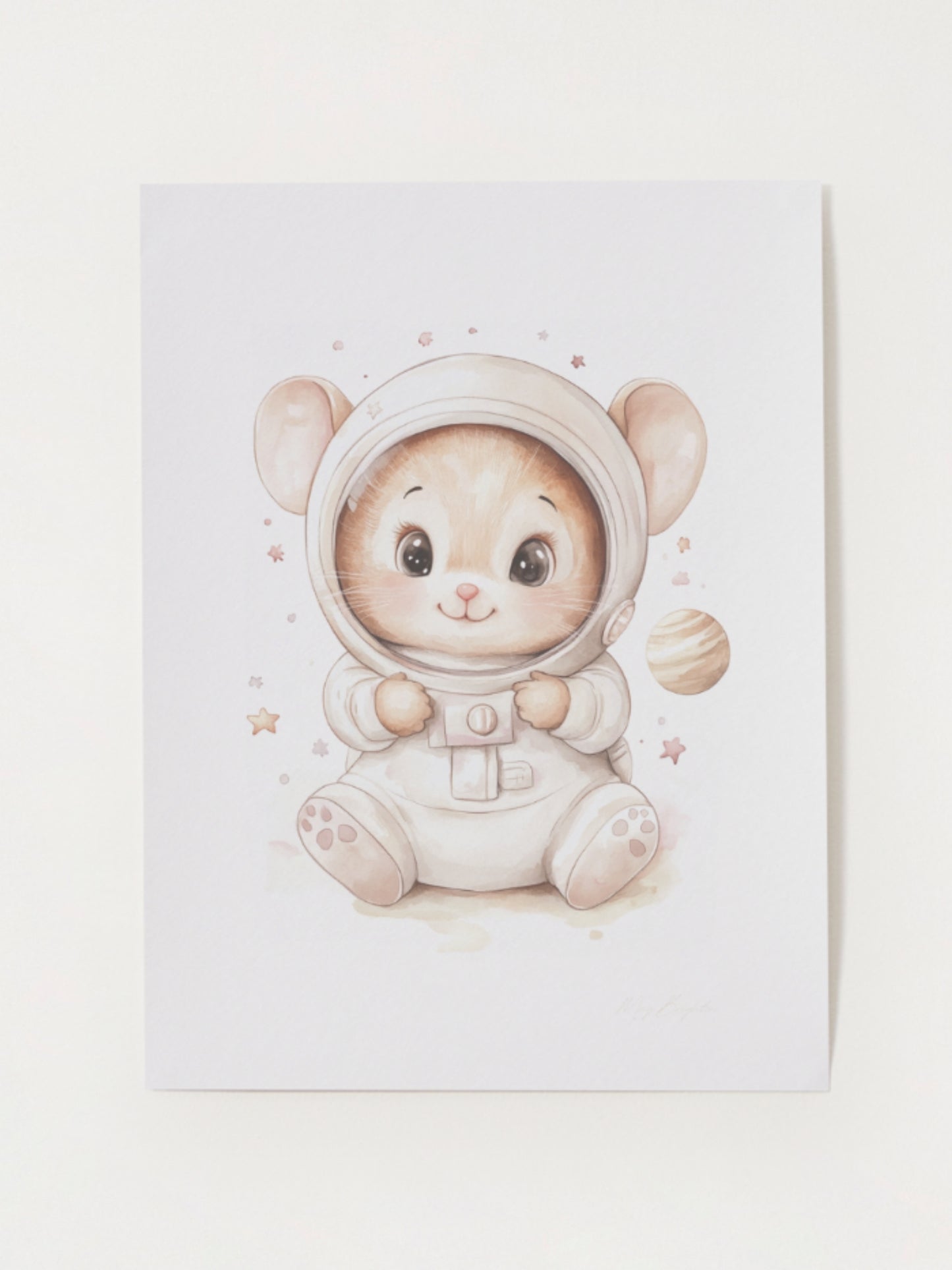 Watercolor-style nursery art print of Leo, a baby mouse dressed as an astronaut, sitting in a space helmet with planets around him. Part of The Littlest Collection by Little Snuggle Studio.