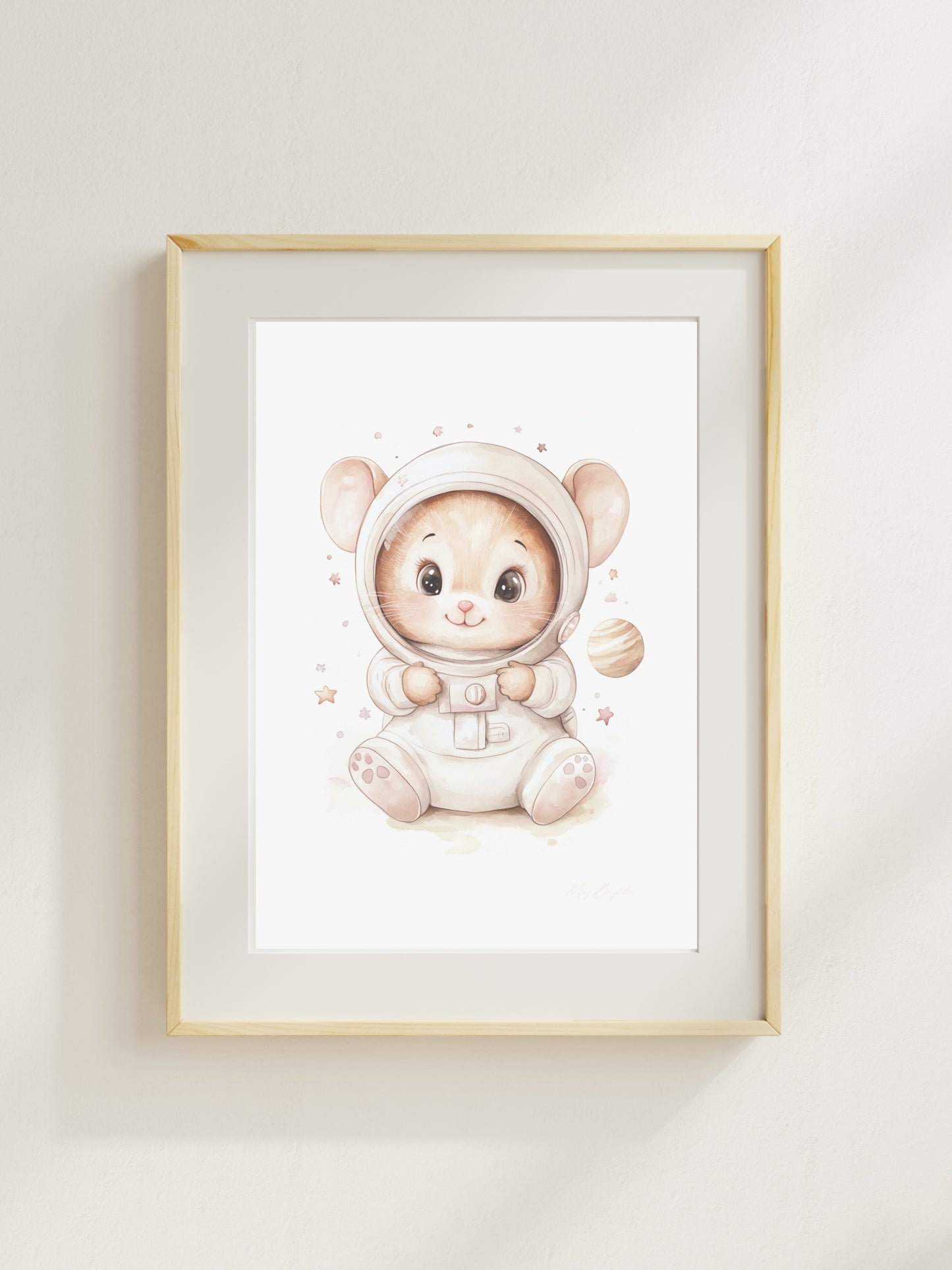 Watercolor-style nursery art print of Leo, a baby mouse dressed as an astronaut, sitting in a space helmet with planets around him. Part of The Littlest Collection by Little Snuggle Studio.