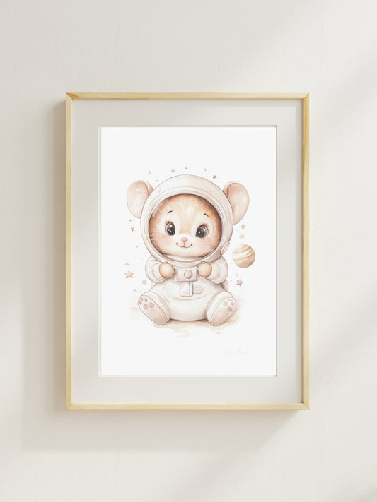 Watercolor-style nursery art print of Leo, a baby mouse dressed as an astronaut, sitting in a space helmet with planets around him. Part of The Littlest Collection by Little Snuggle Studio.
