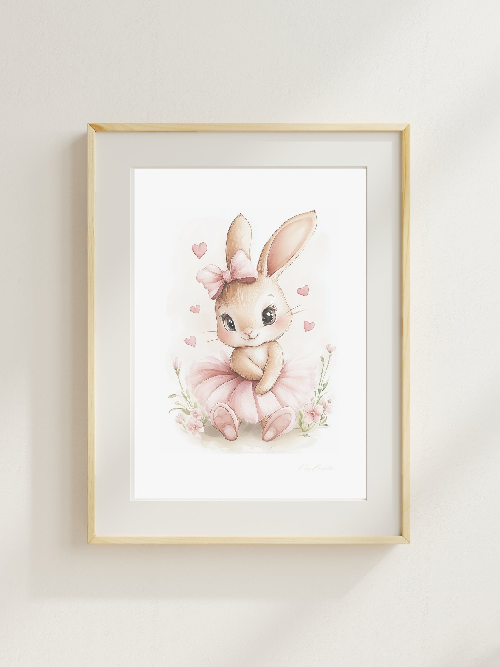 Watercolor bunny ballerina nursery wall art featuring Olivia, a soft pink tutu-wearing bunny, part of The Littlest Collection – perfect for baby girl room or dance-themed nursery.