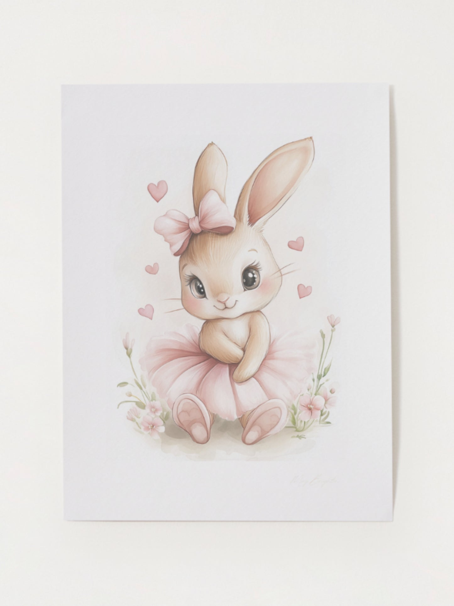 Watercolor bunny ballerina nursery wall art featuring Olivia, a soft pink tutu-wearing bunny, part of The Littlest Collection – perfect for baby girl room or dance-themed nursery.