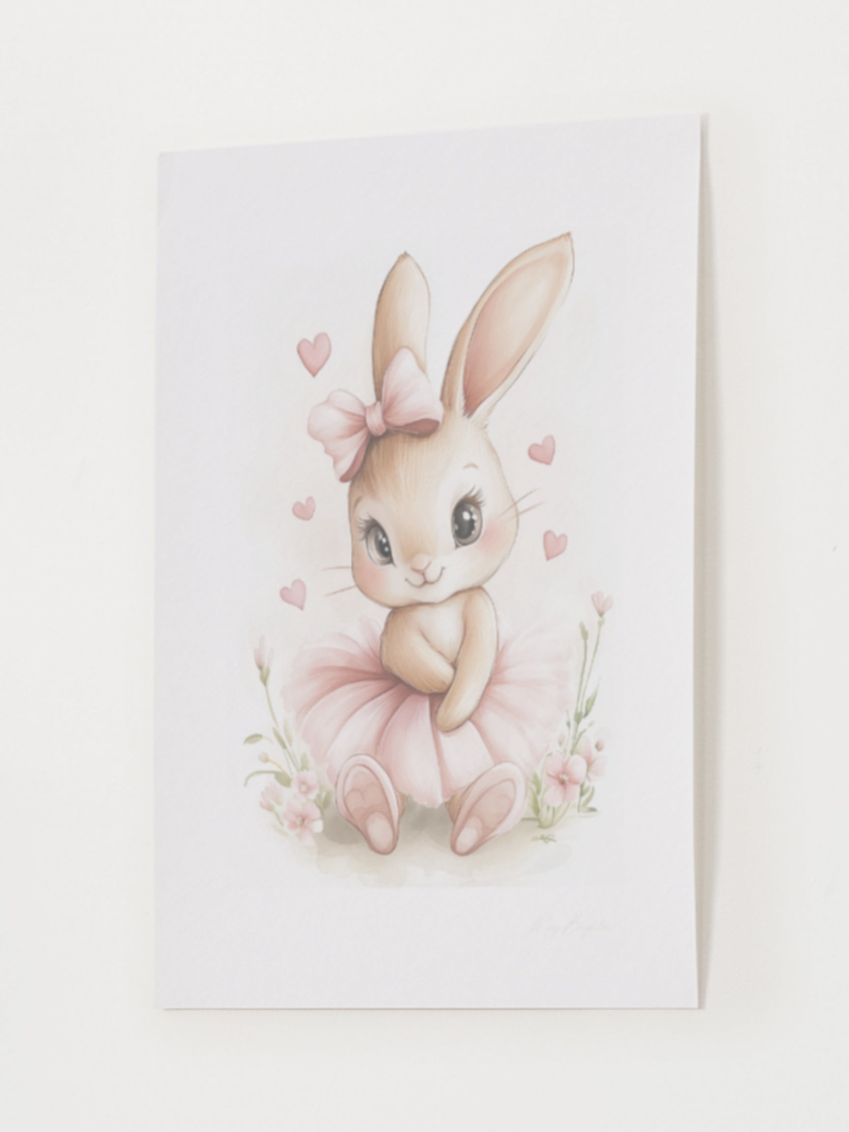 Watercolor bunny ballerina nursery wall art featuring Olivia, a soft pink tutu-wearing bunny, part of The Littlest Collection – perfect for baby girl room or dance-themed nursery.