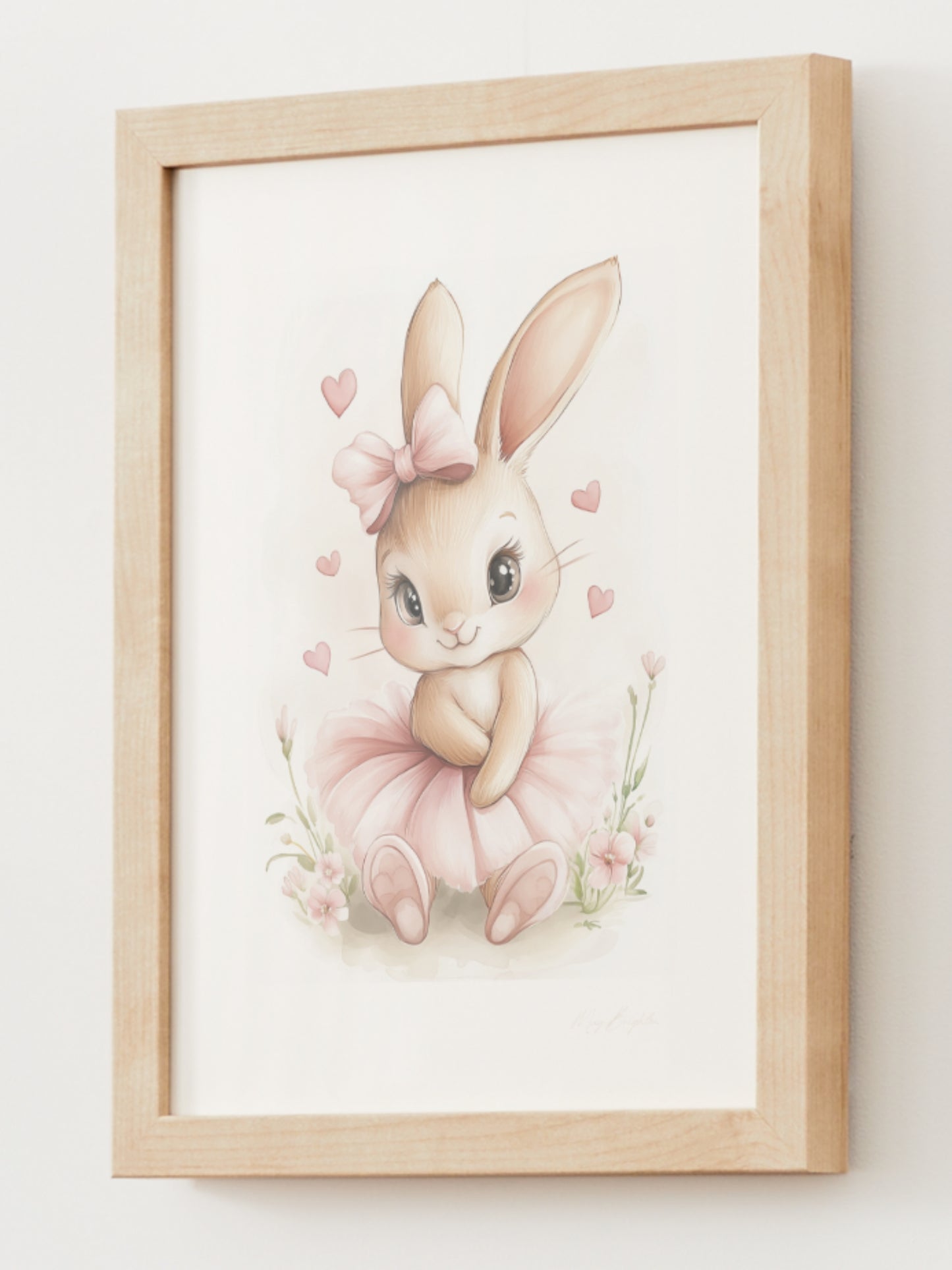 Watercolor bunny ballerina nursery wall art featuring Olivia, a soft pink tutu-wearing bunny, part of The Littlest Collection – perfect for baby girl room or dance-themed nursery.
