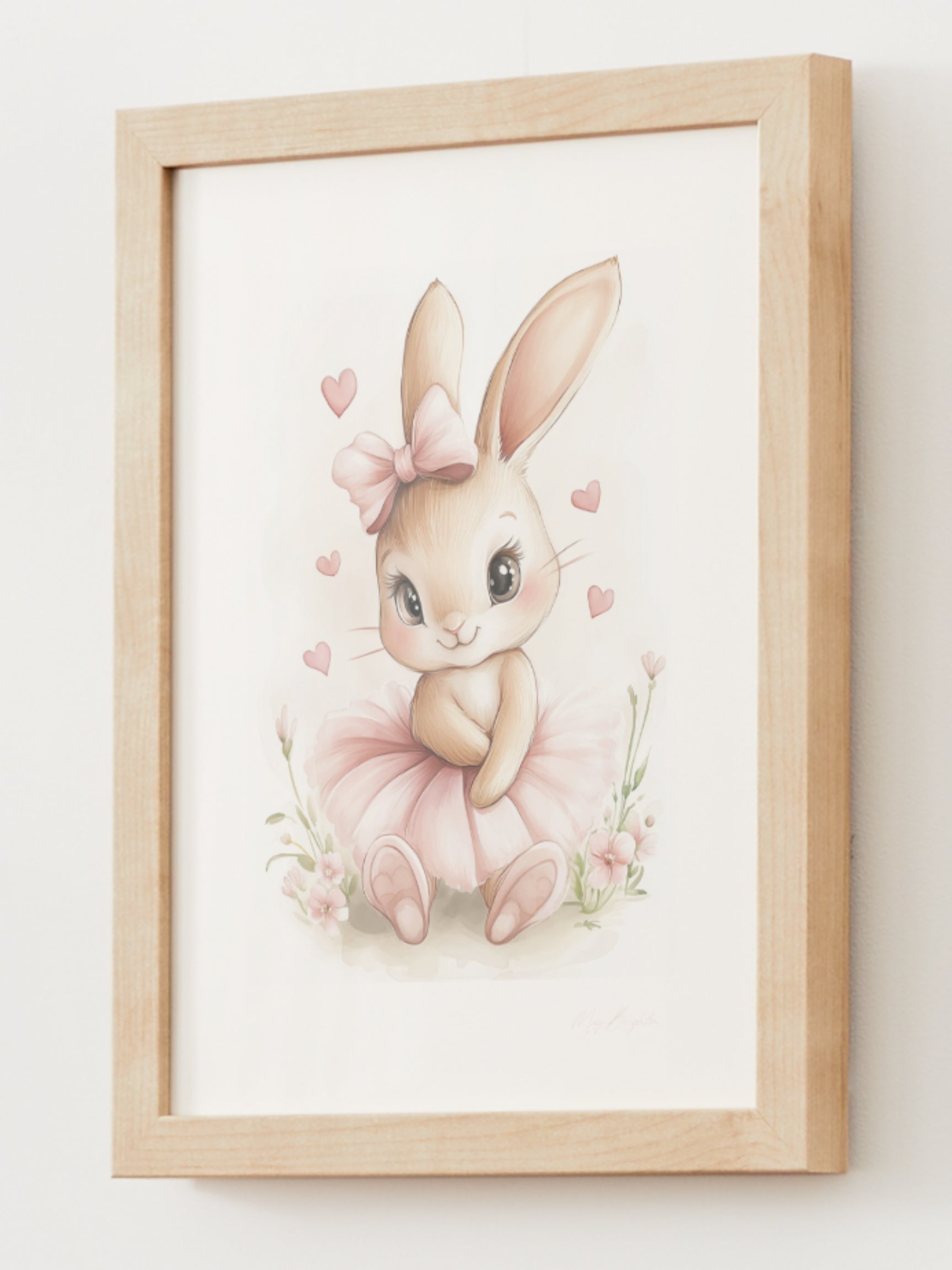 Watercolor bunny ballerina nursery wall art featuring Olivia, a soft pink tutu-wearing bunny, part of The Littlest Collection – perfect for baby girl room or dance-themed nursery.