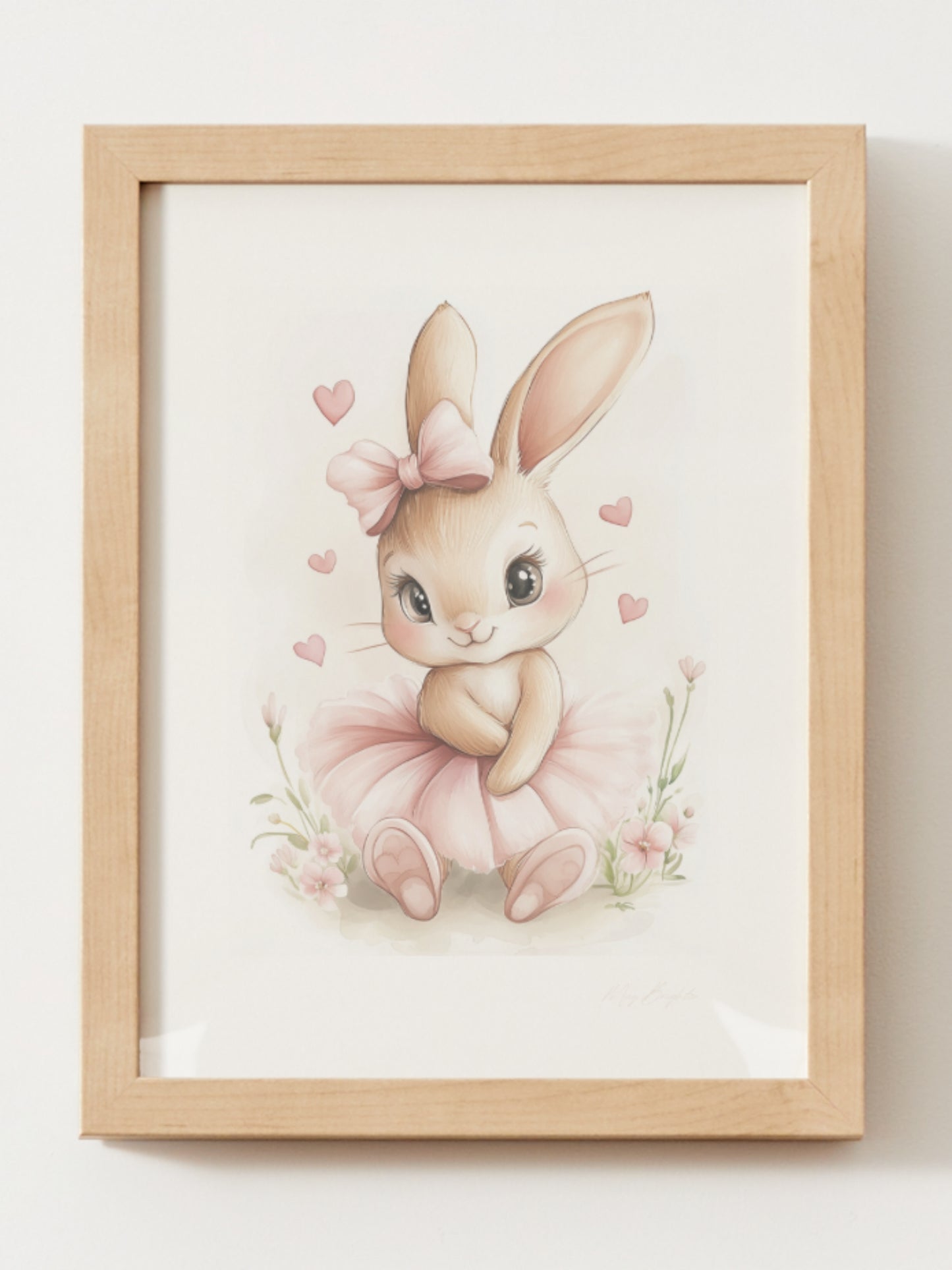 Watercolor bunny ballerina nursery wall art featuring Olivia, a soft pink tutu-wearing bunny, part of The Littlest Collection – perfect for baby girl room or dance-themed nursery.
