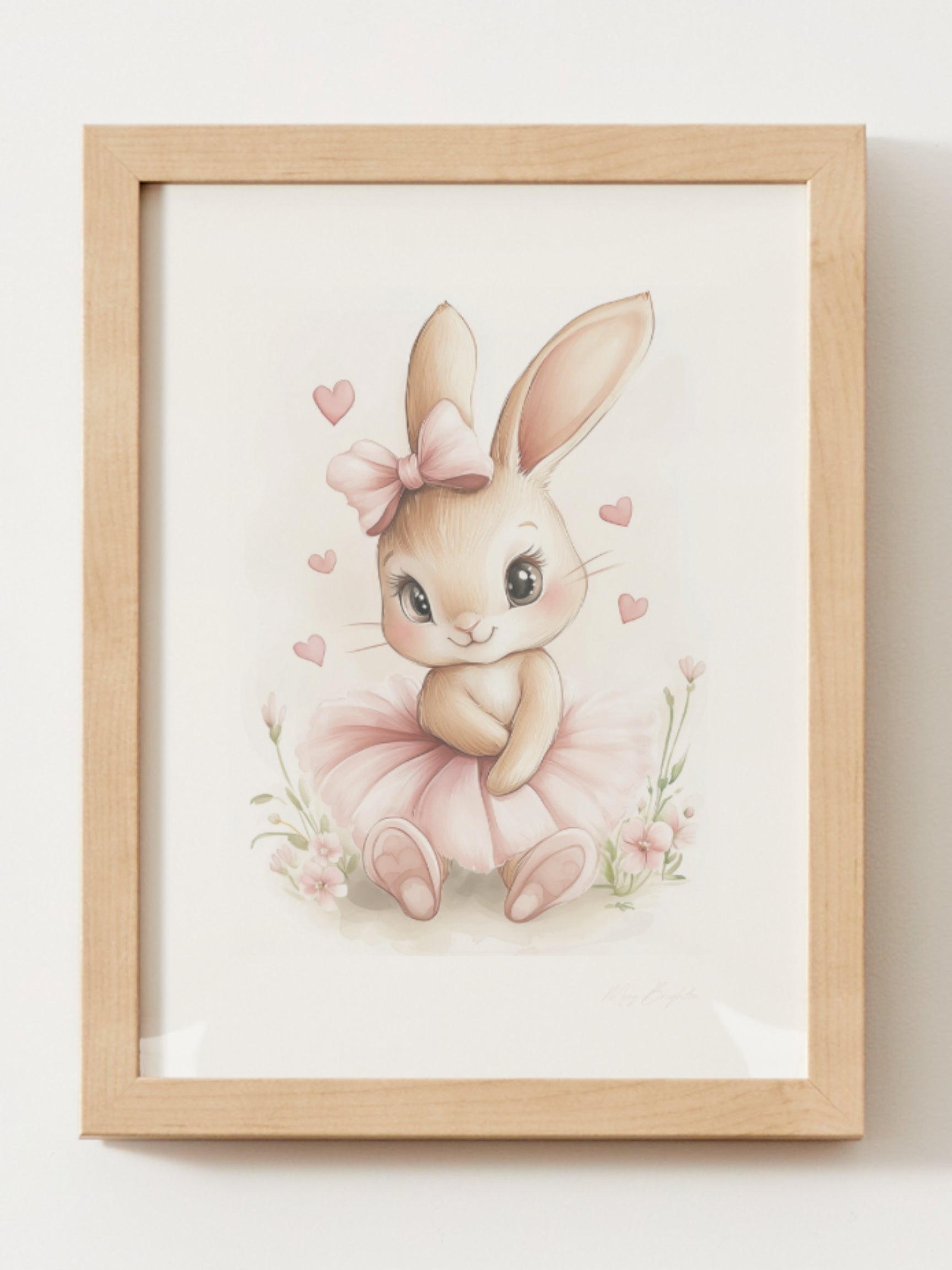 Watercolor bunny ballerina nursery wall art featuring Olivia, a soft pink tutu-wearing bunny, part of The Littlest Collection – perfect for baby girl room or dance-themed nursery.
