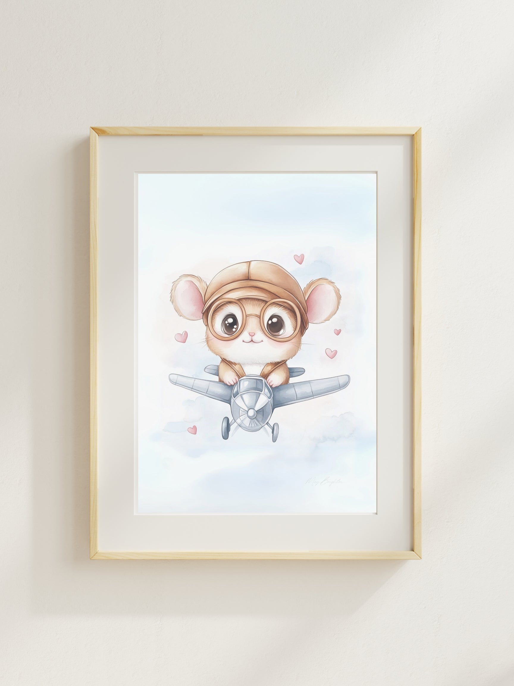 Watercolor nursery wall art featuring a baby hamster pilot flying a small airplane with heart balloons, part of The Littlest Collection by Little Snuggle Studio