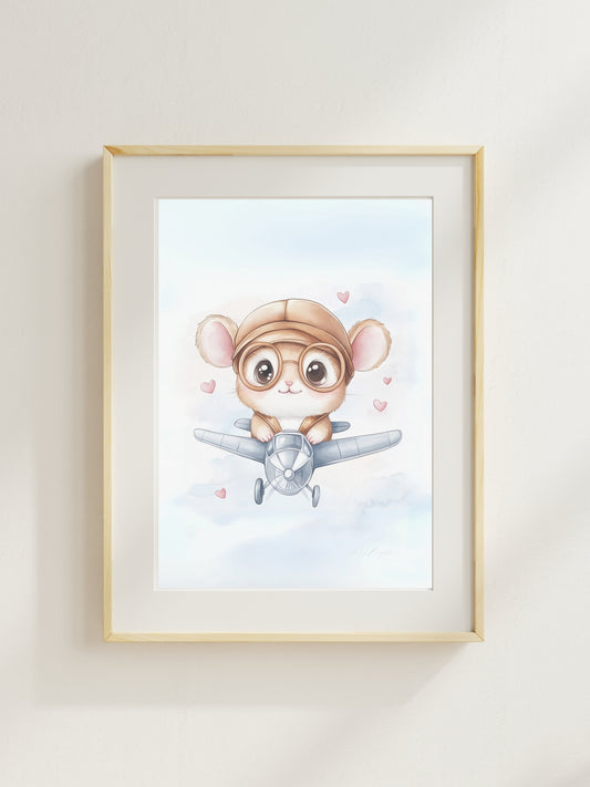 Watercolor nursery wall art featuring a baby hamster pilot flying a small airplane with heart balloons, part of The Littlest Collection by Little Snuggle Studio